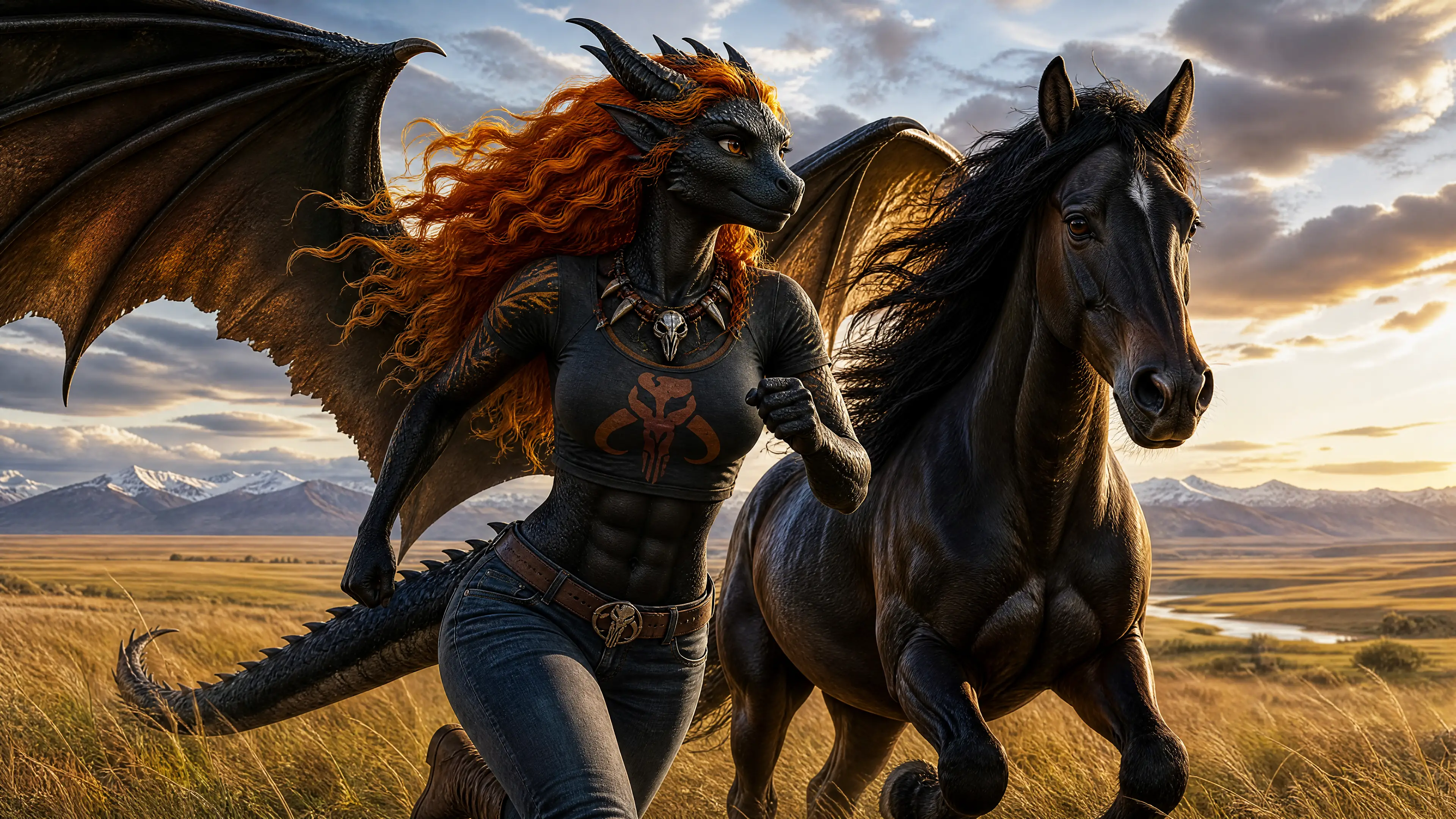 Femme dragon ailée courant aux côtés d’un cheval sauvage
