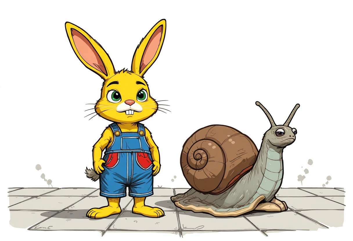 Coelho amarelo e caracol rabugento em uma cena de desenho simples