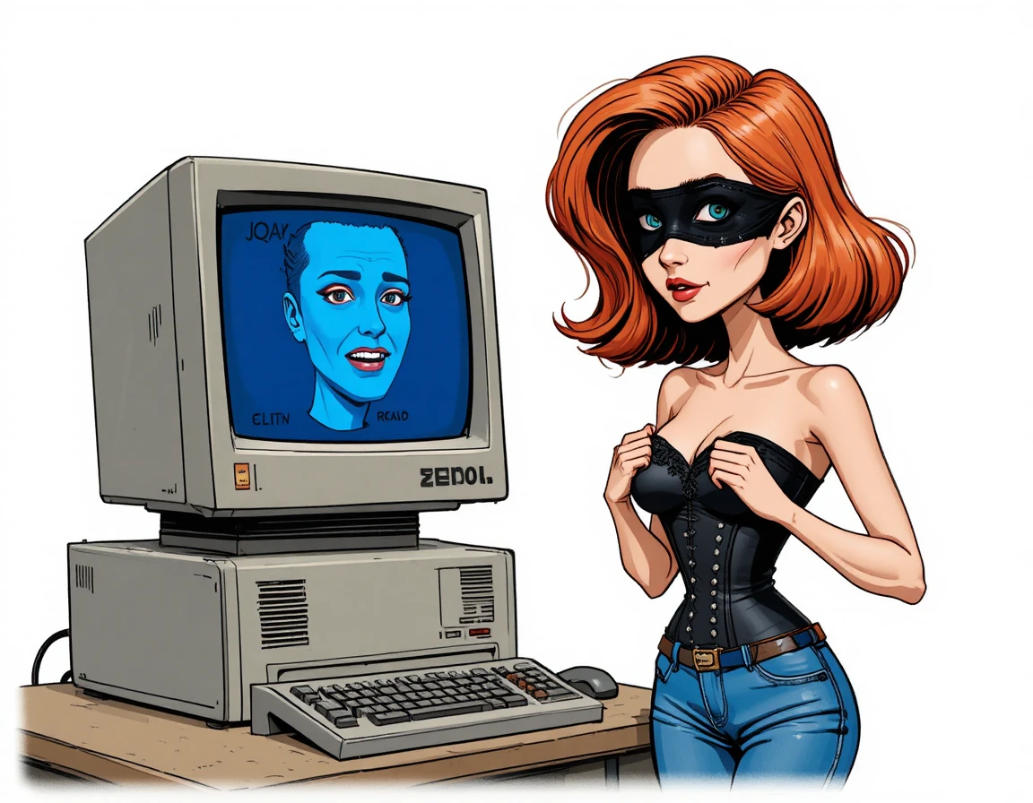 Mulher ruiva de espartilho com caveiras ao lado de computador vintage