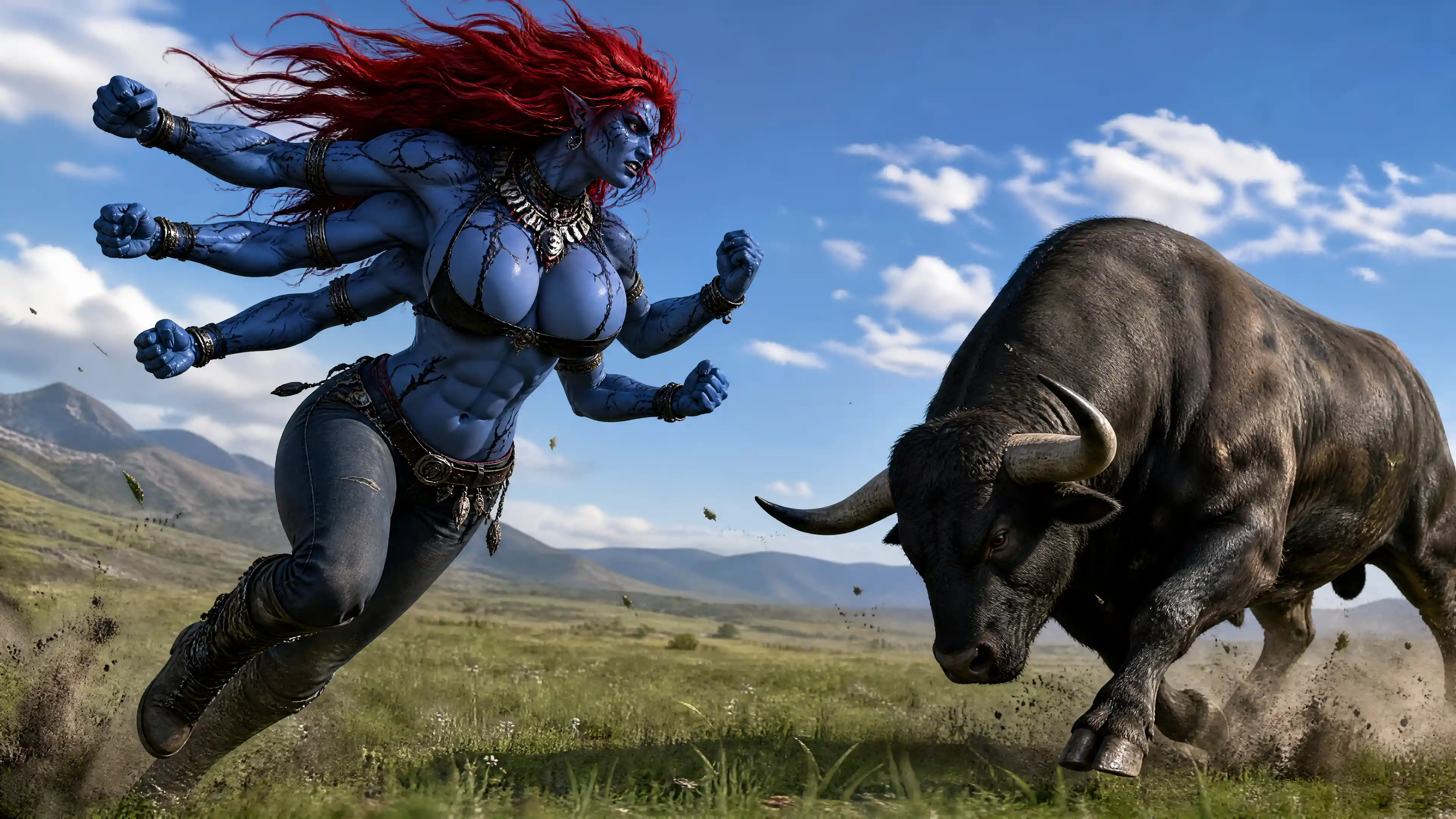 Six armed blue skinned warrior woman charging a bull