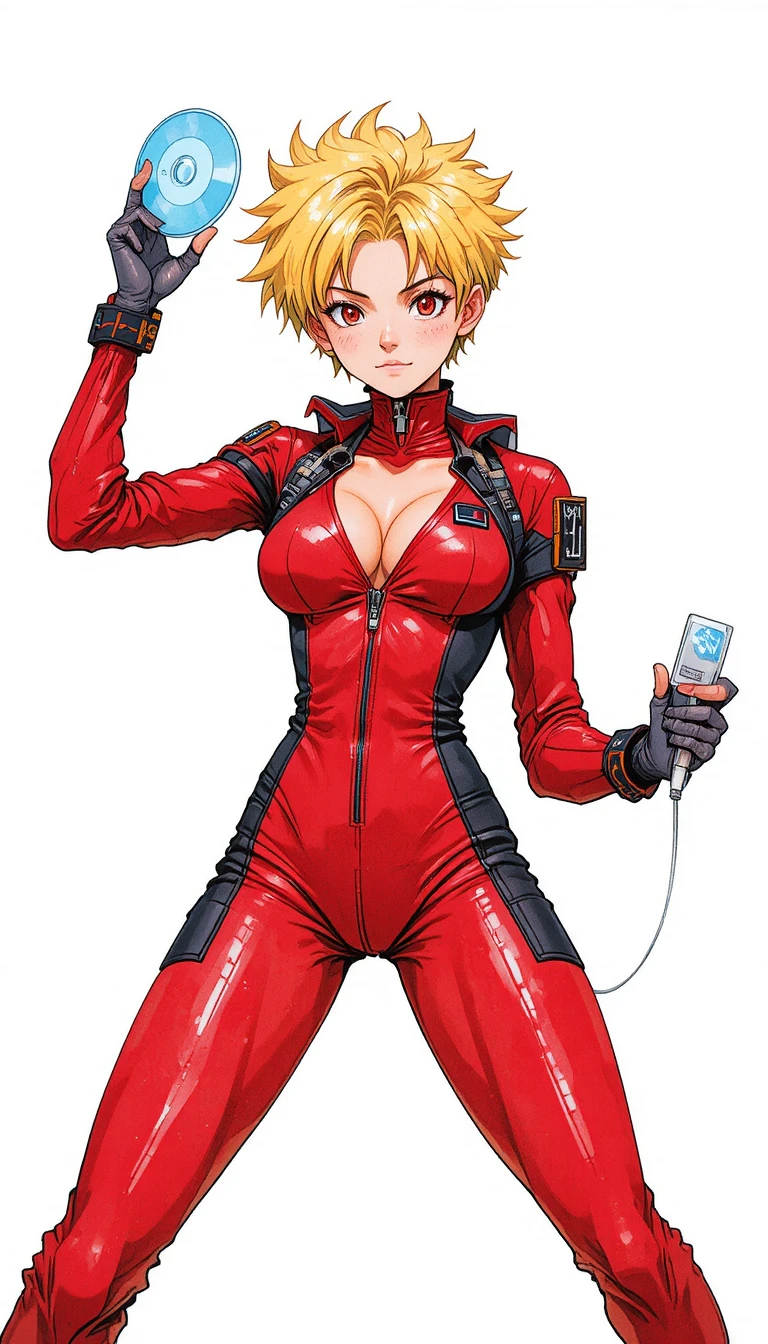 Femme d’anime déterminée en combinaison rouge avec disques futuristes