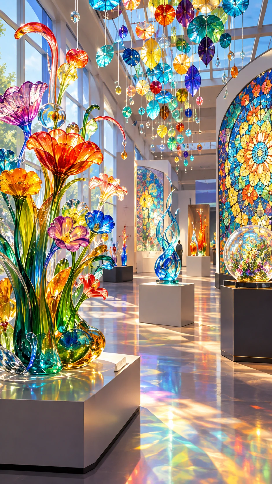 Esculturas coloridas de vidro em jardim numa sala de museu luminosa