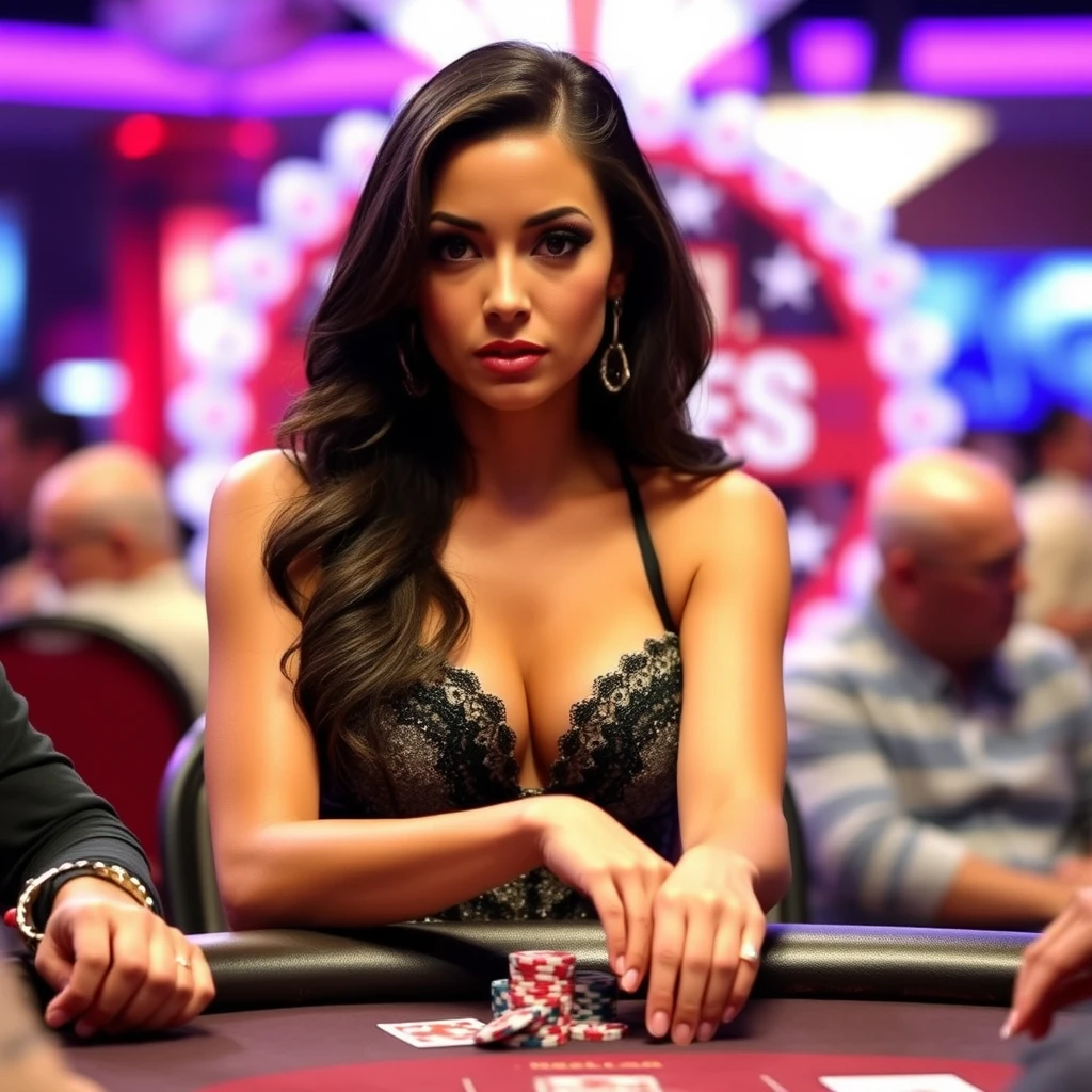Mulher em mesa de pôquer durante jogo estilo World Series em cassino
