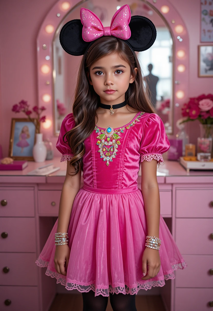 Menino pré-adolescente nervoso com fantasia de princesa rosa diante da penteadeira