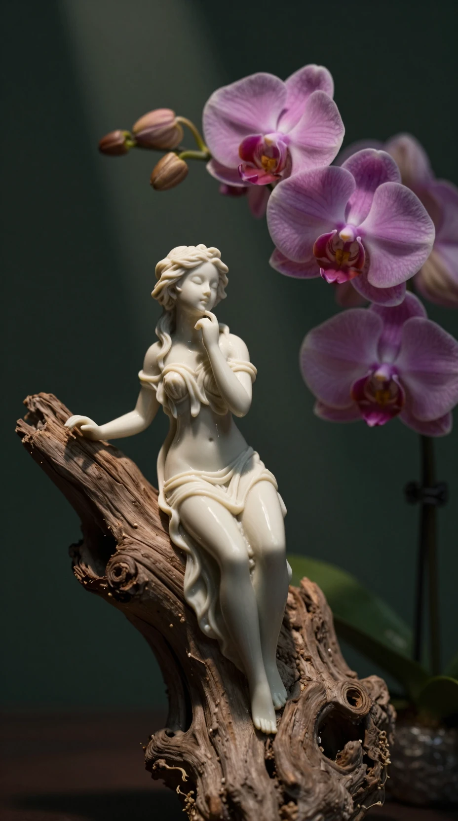 Escultura de fada de porcelana com orquídeas em luz dramática de floresta