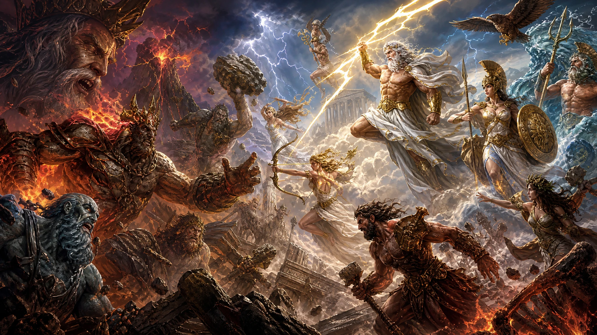 Zeus liderando a los dioses olímpicos en la épica batalla de la Titanomaquia