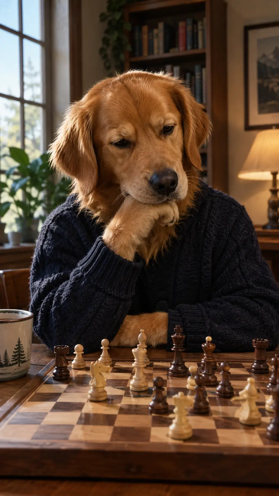 在西洋棋桌前思考下一步的擬人化狗狗