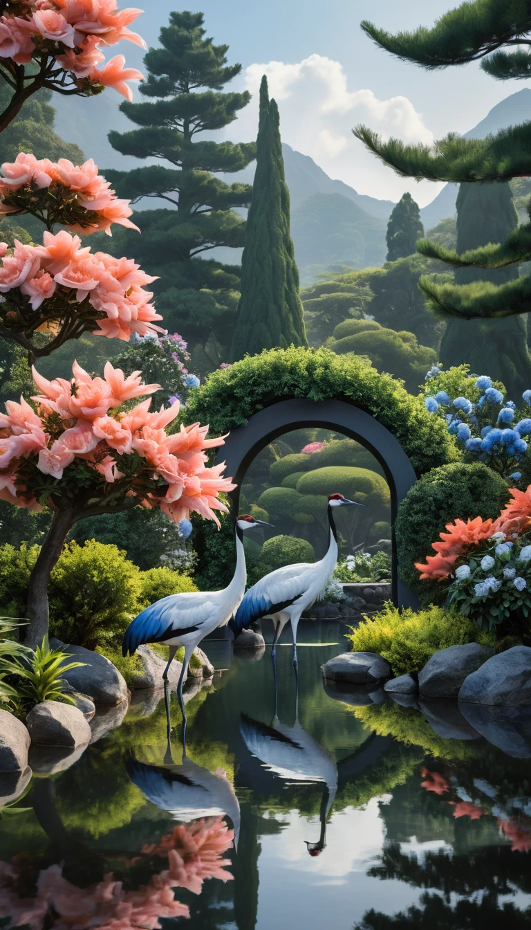 Grous-de-pescoço-vermelho em um jardim japonês mágico ao nascer do sol
