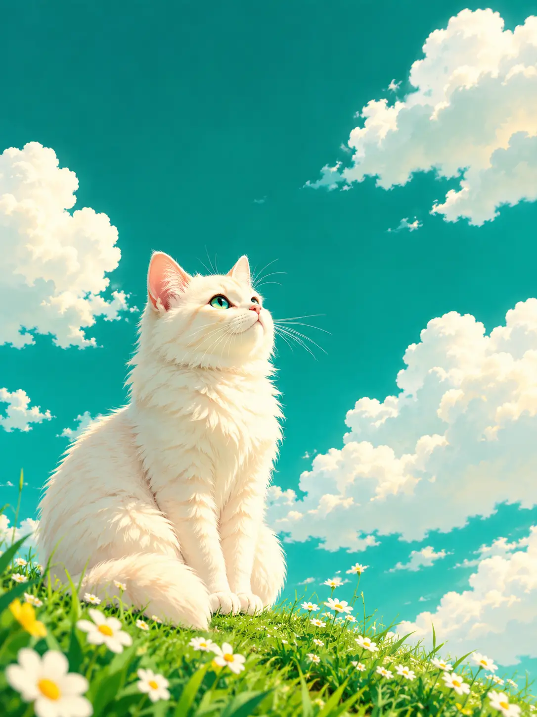 柔和奶油色貓仰望粉彩天空中的雲朵