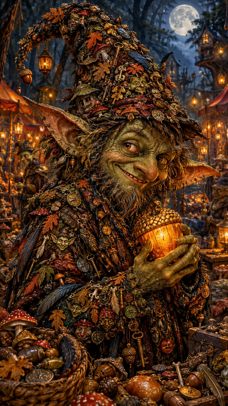 Retrato de Duende Fantasioso com Bolota Brilhante em Mercado na Floresta