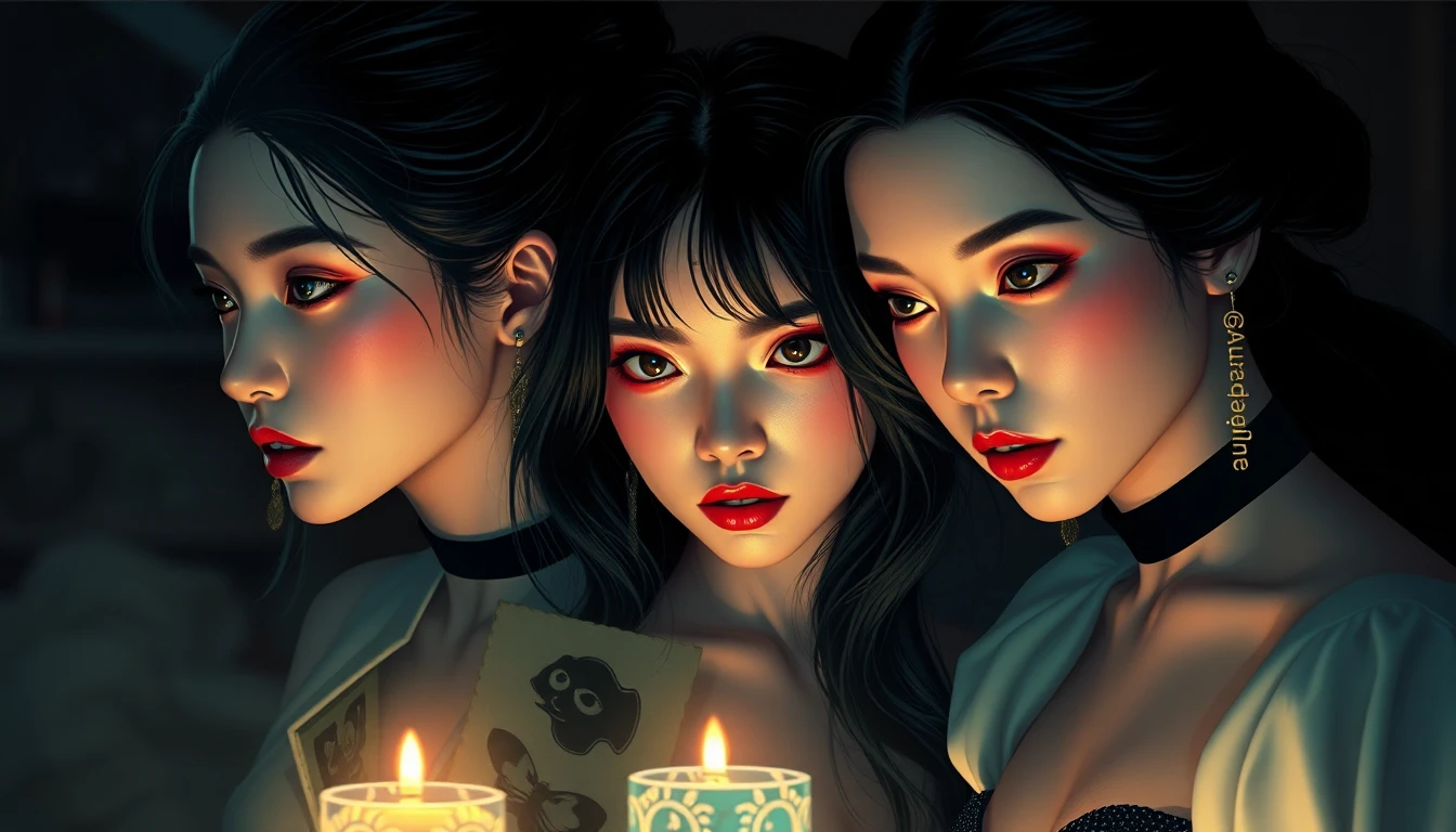 Três mulheres em uma cena surreal sombria de intriga lúdica
