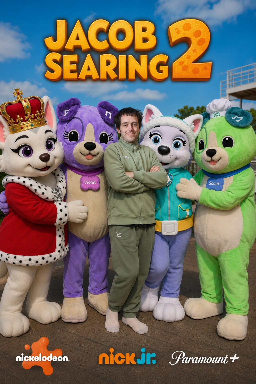Adult man standing between four large friendly mascots