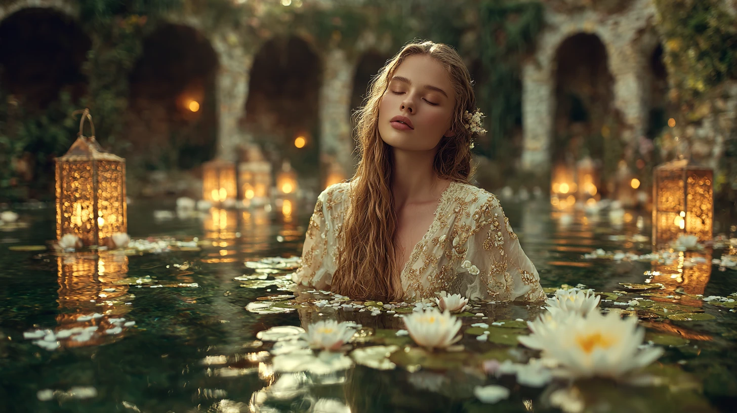Mulher loira serena descansando em um lago iluminado por lanternas