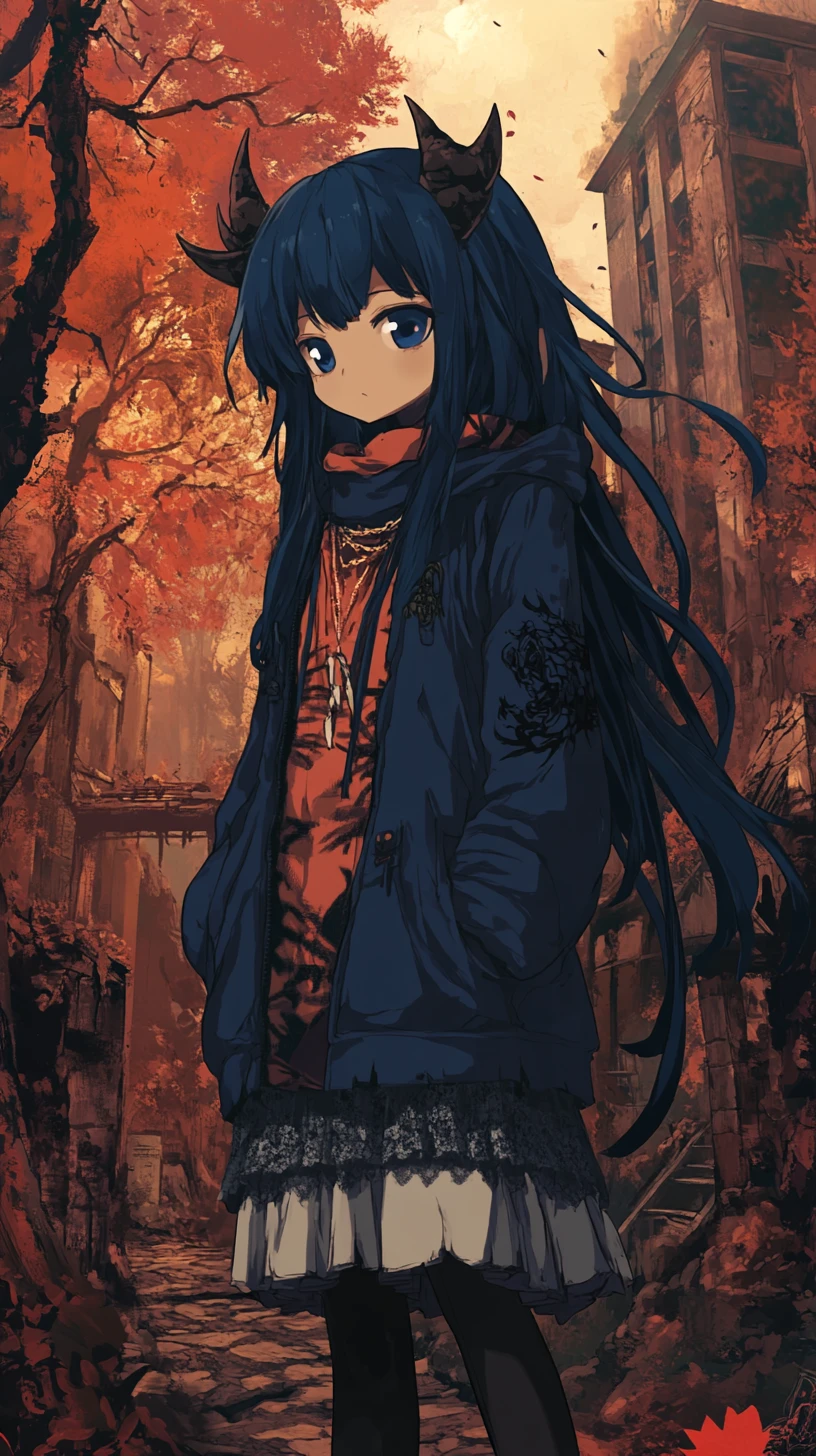 Garota de anime em floresta arruinada sob um céu vermelho