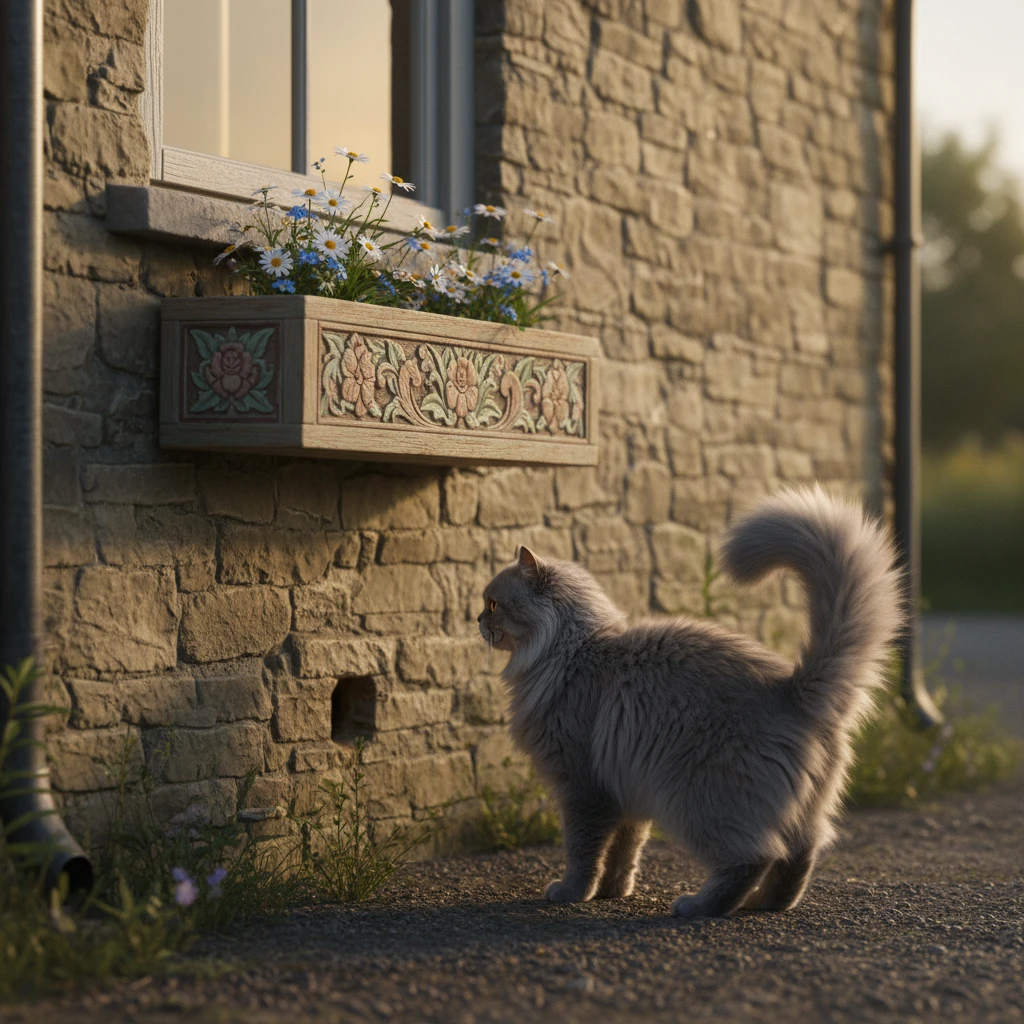 Perserkatze beobachtet ein Mauseloch an der Mauer eines Steincottages