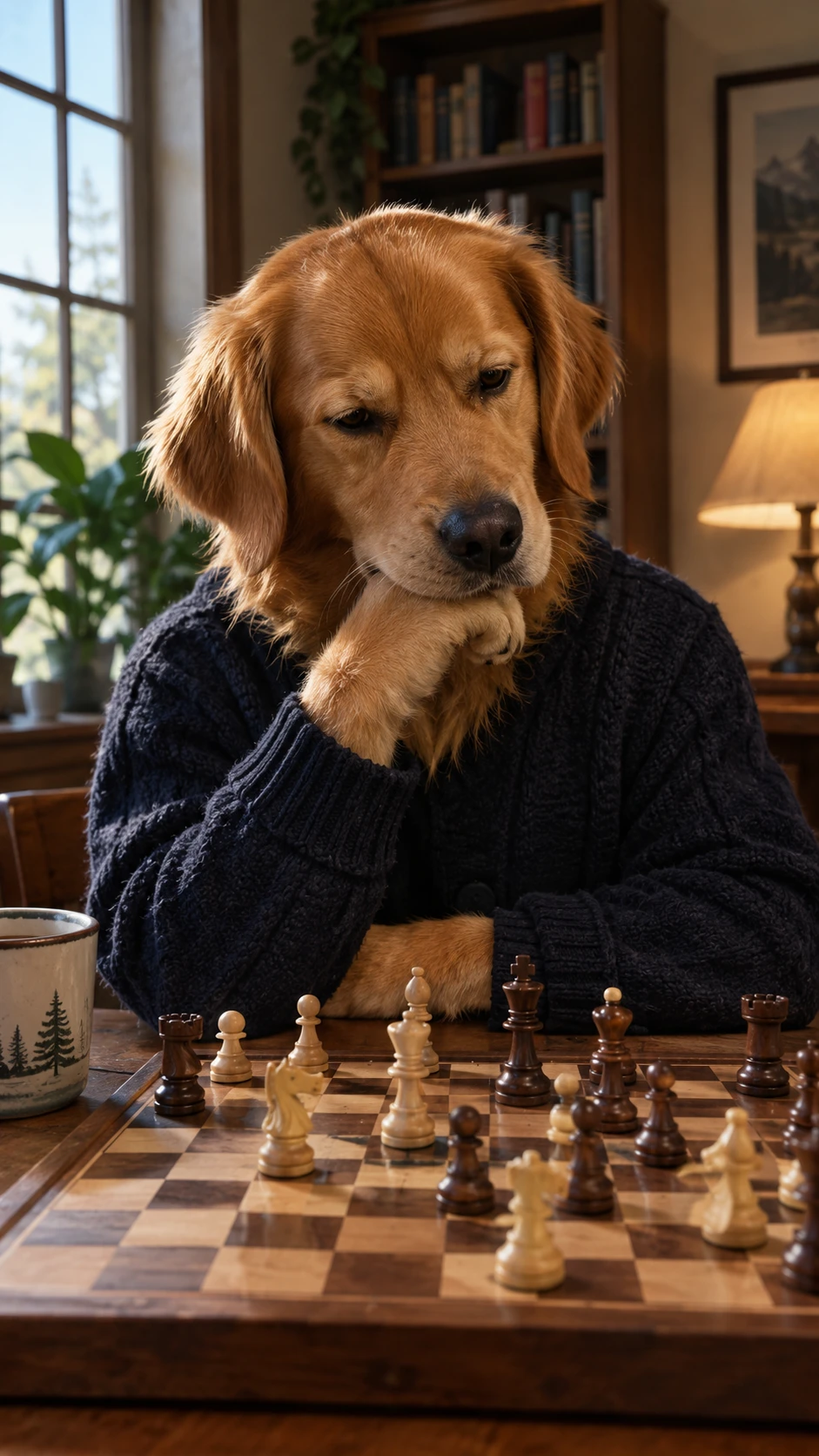 Chien anthropomorphe réfléchissant à un coup devant un échiquier