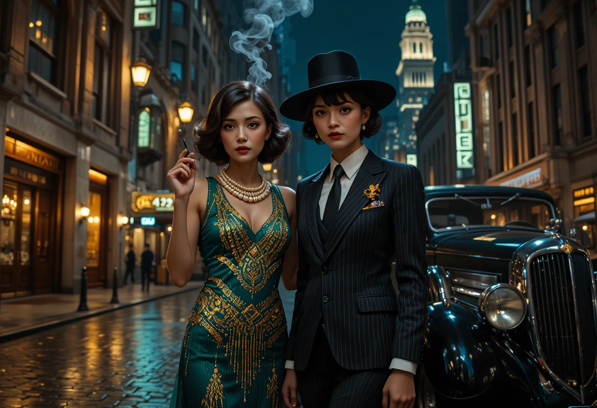 Mulheres art déco dos anos 1920 em uma rua urbana noir