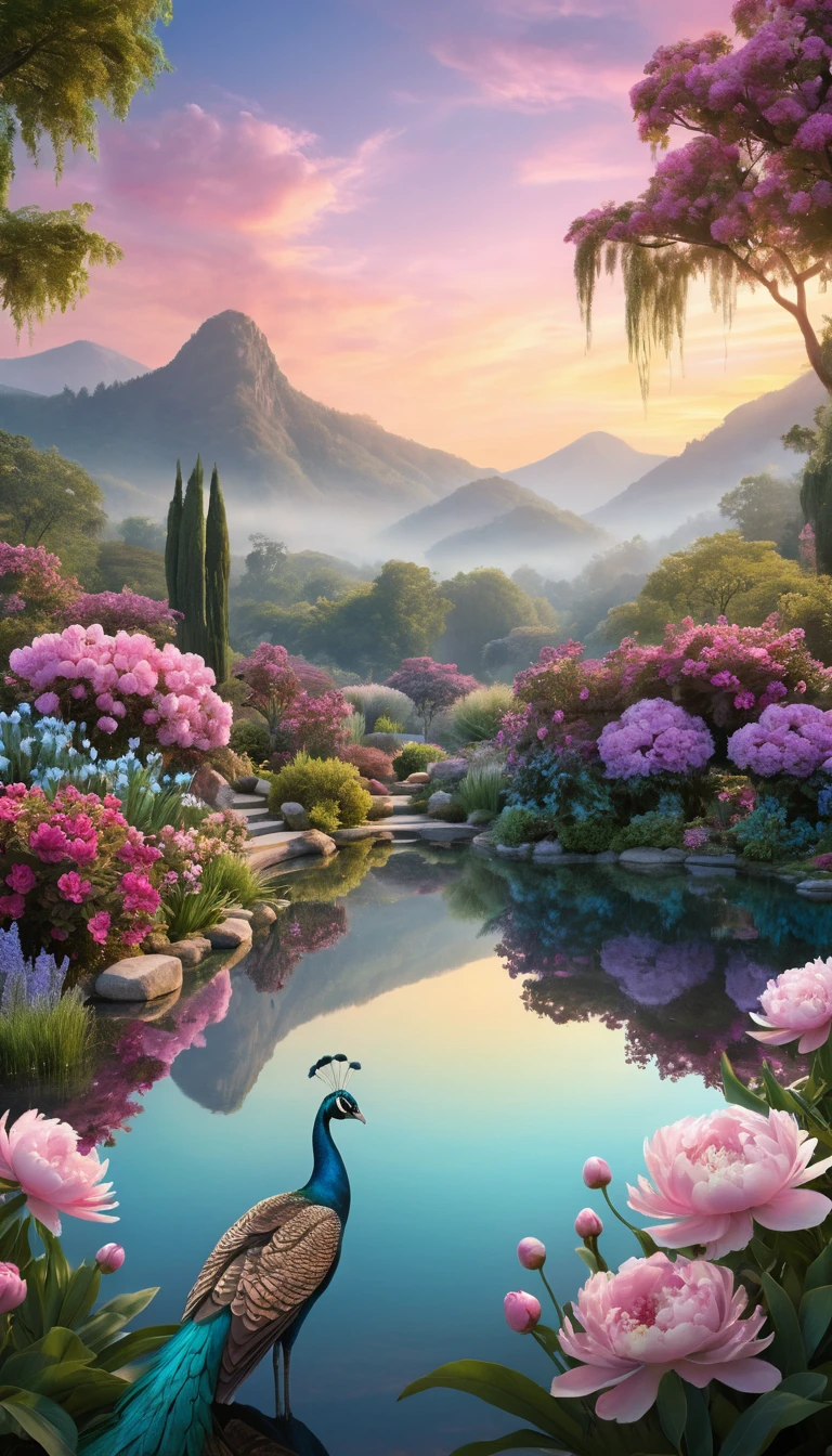 Pavões ao lado de um lago espelhado em um jardim de fantasia