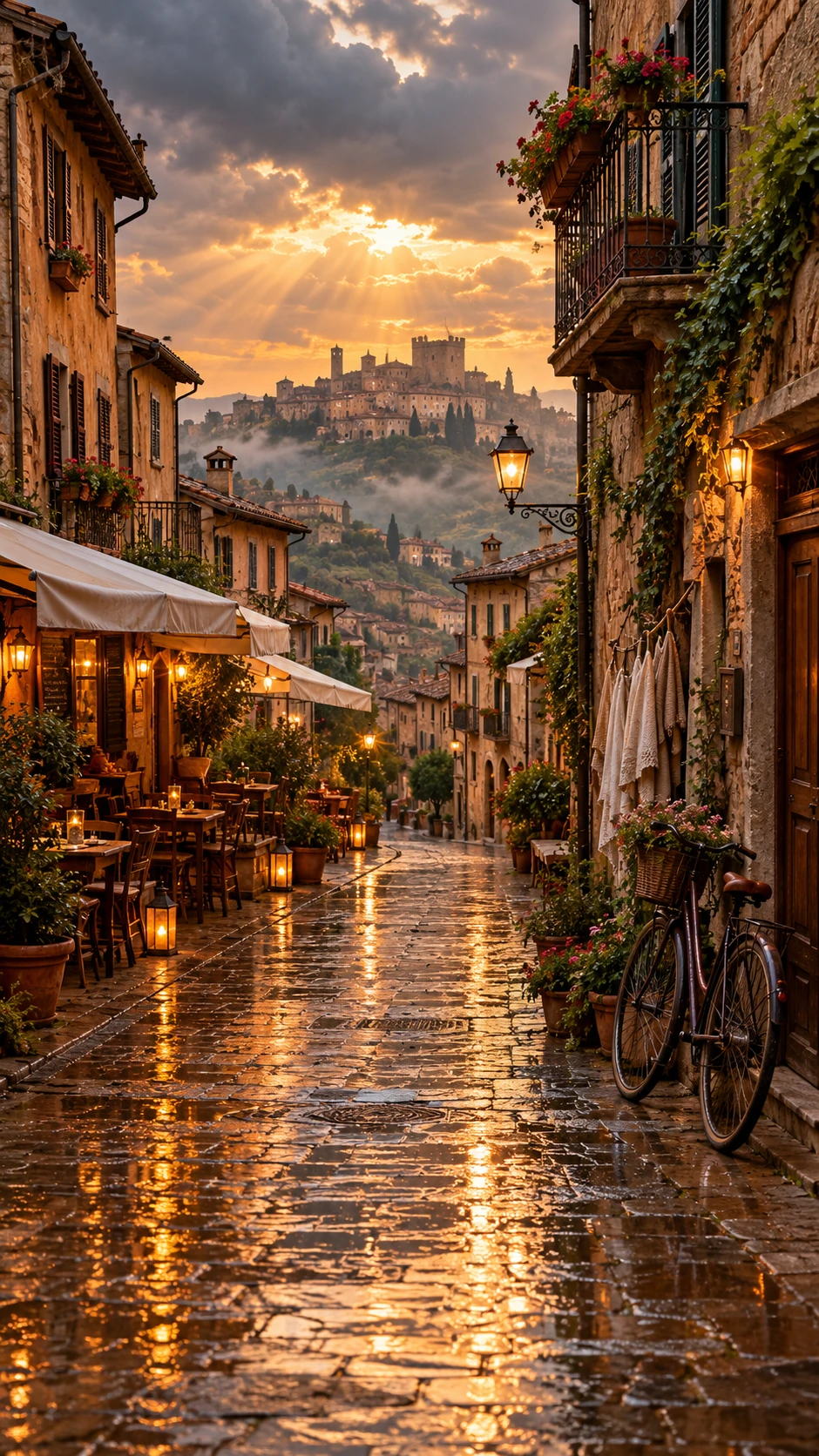 Stradina di villaggio mediterraneo illuminata dal sole dopo una leggera pioggia serale