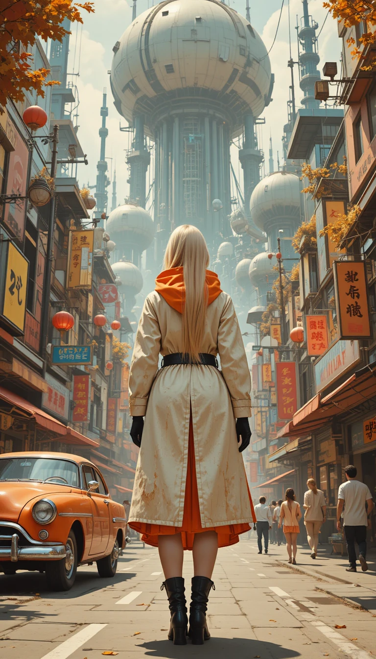 Mulher loira de casaco oversized em rua de cidade futurista