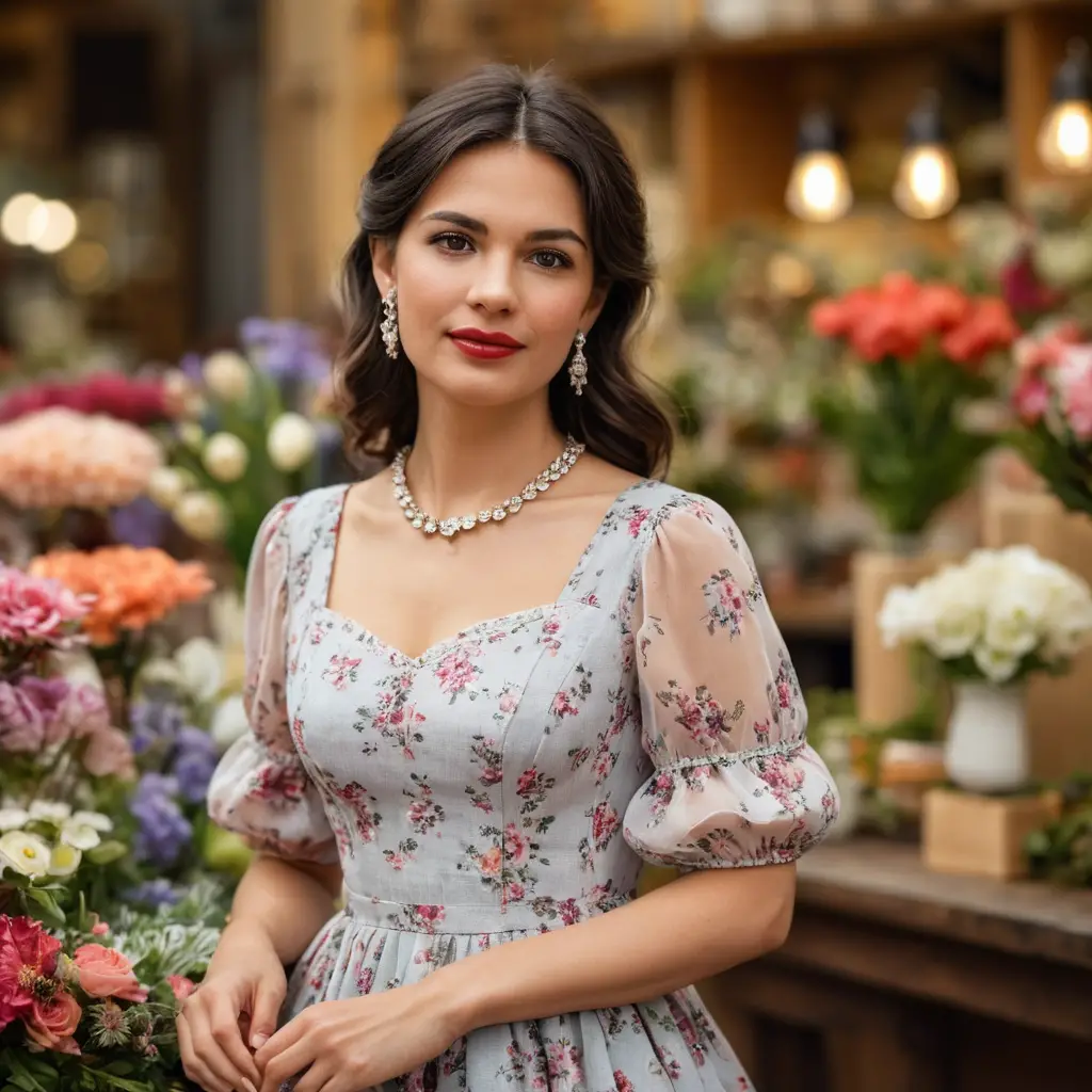 Schweizer Floristin arrangiert Blumen in einem femininen Kleid