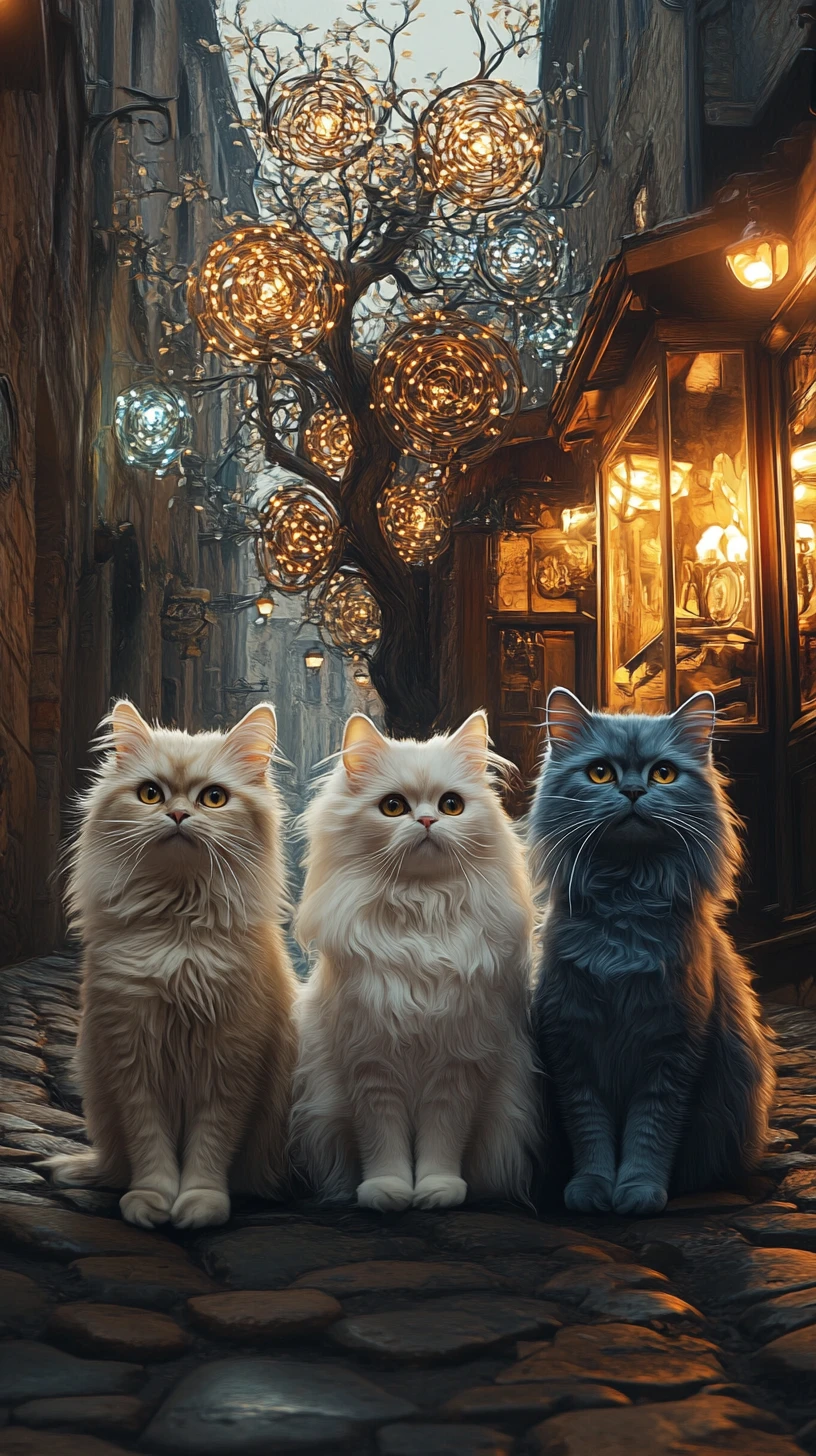Três gatos persas em uma rua de paralelepípedos ao anoitecer