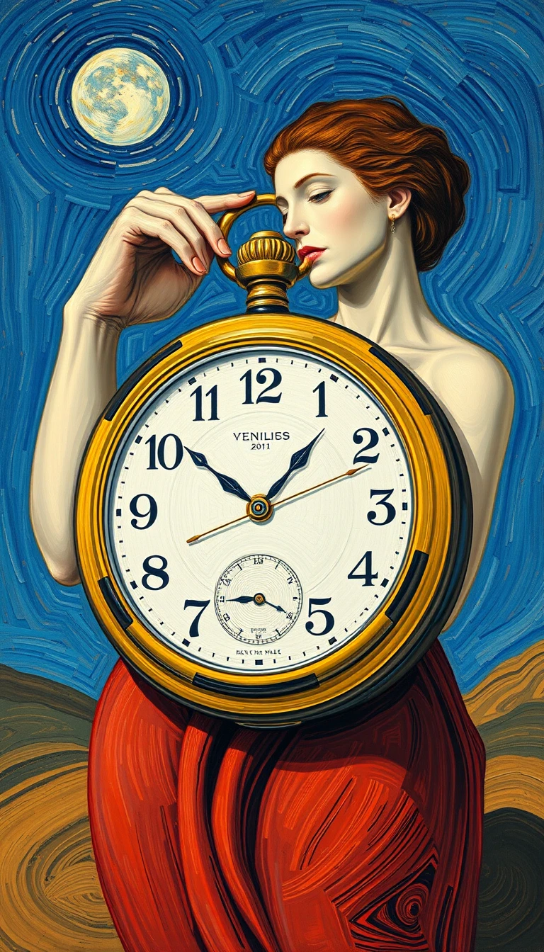 Venere surreale che offre un orologio da tasca fuso
