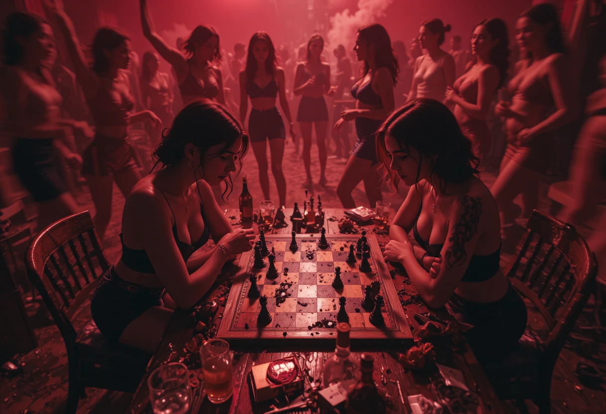 Duas mulheres jogando xadrez em uma festa caseira insana