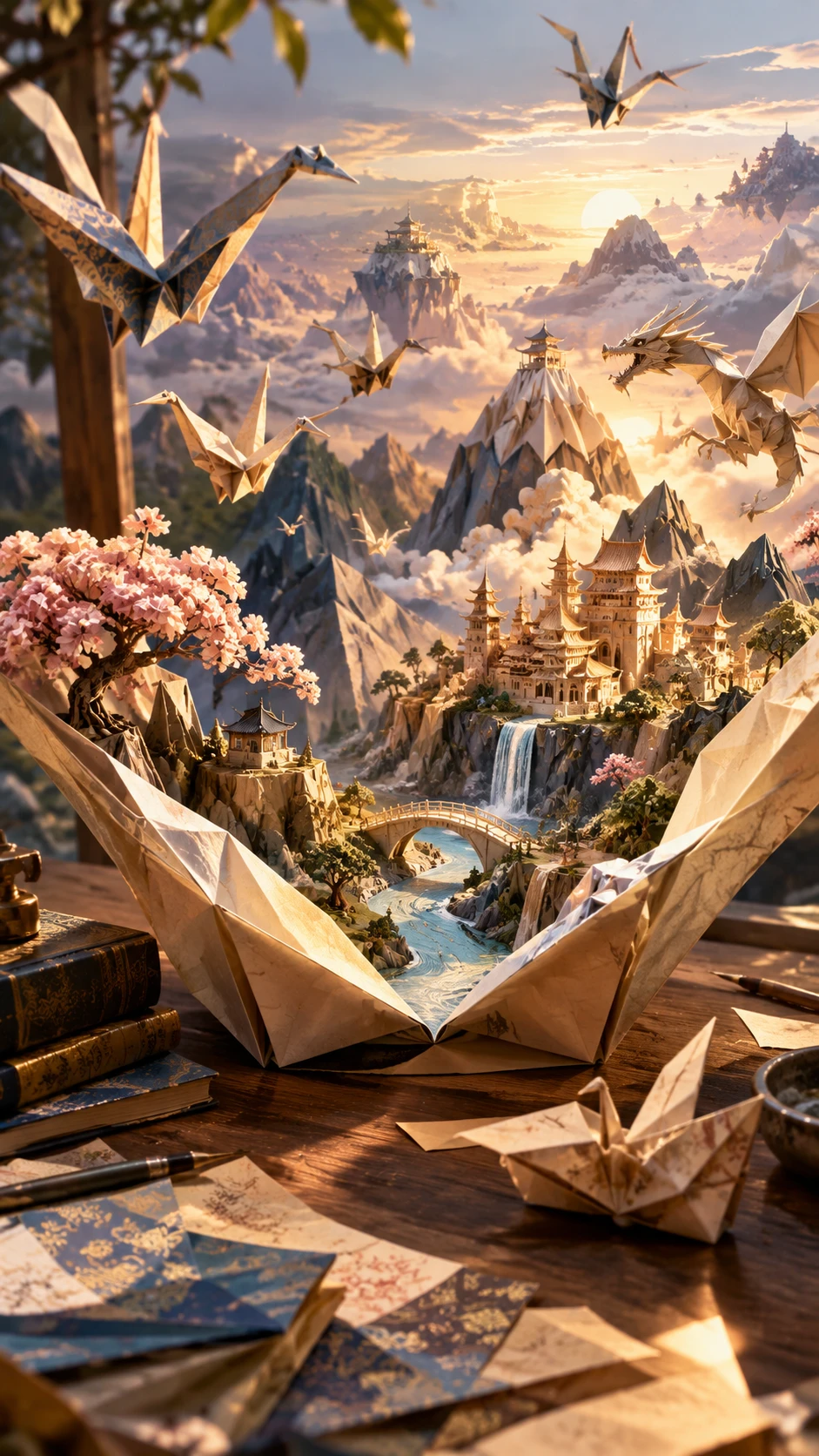 Reinos místicos de origami se desdobrando em um mundo de fantasia