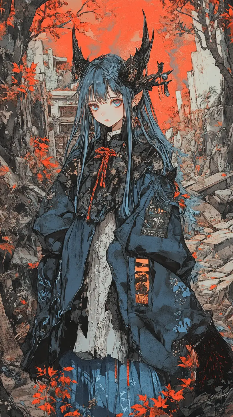 Anime-Mädchen auf zerstörtem Waldpfad unter blutrotem Himmel