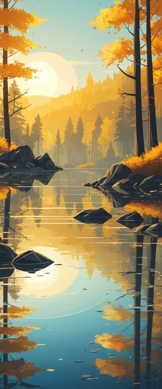Foresta autunnale su un lago cristallino all’alba