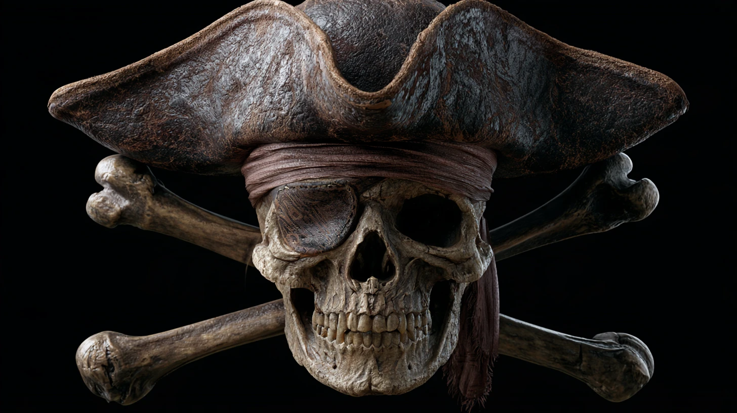 3D-Jolly-Roger-Schädel mit Augenklappe auf schwarzem Hintergrund