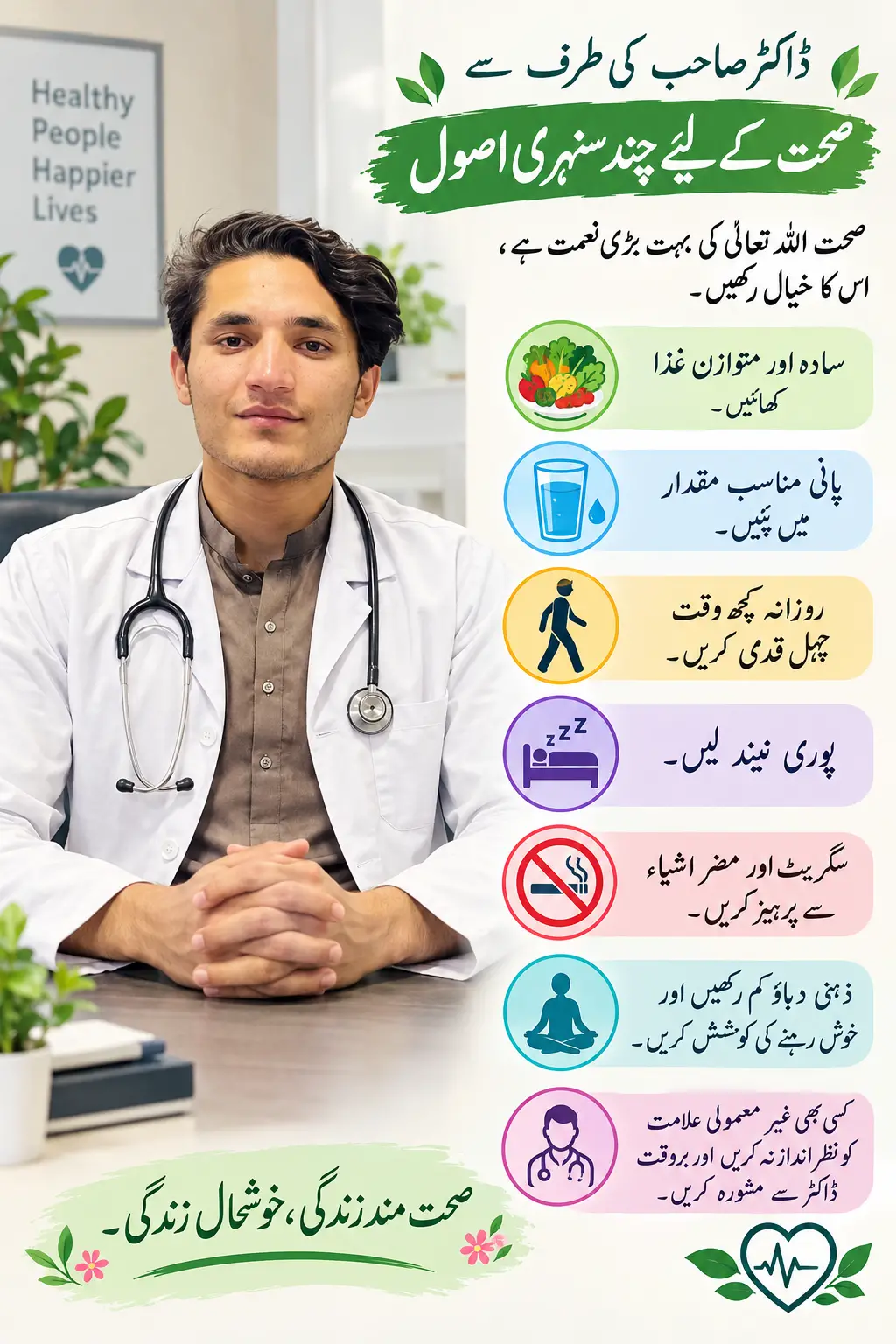 Poster con consigli di salute in urdu e semplici icone di stile di vita