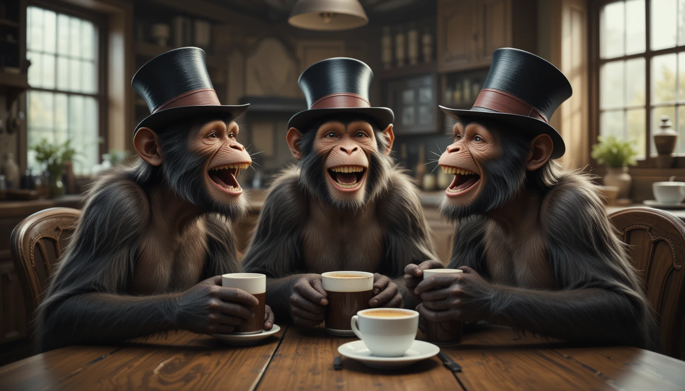 Três macacos de cartola rindo em uma mesa rústica de cozinha