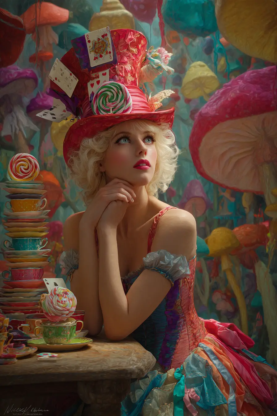 Whimsical blonde woman at a surreal wonderland tea table