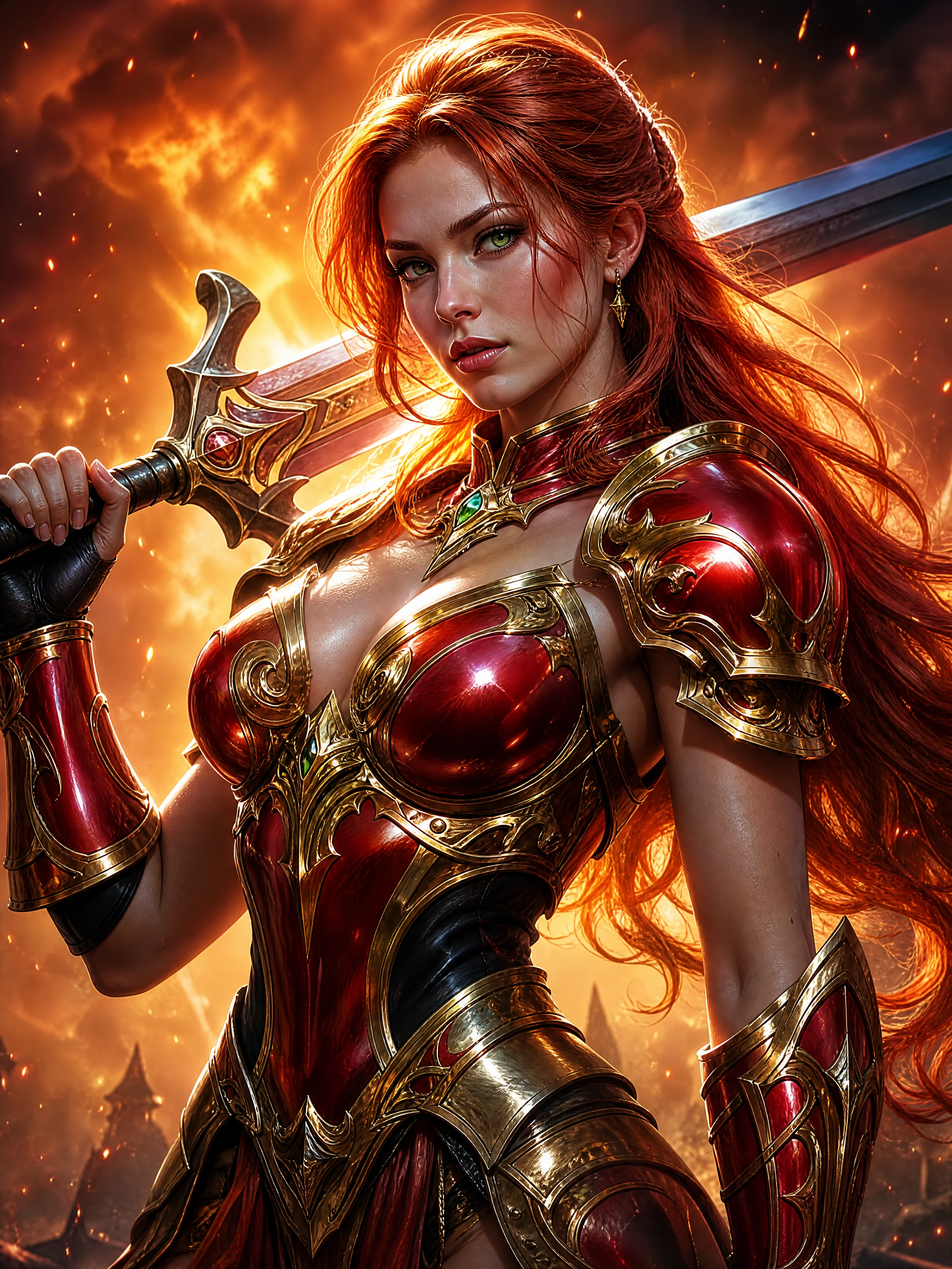 Mulher heroica de fantasia emoldurada por luz dramática reluzente