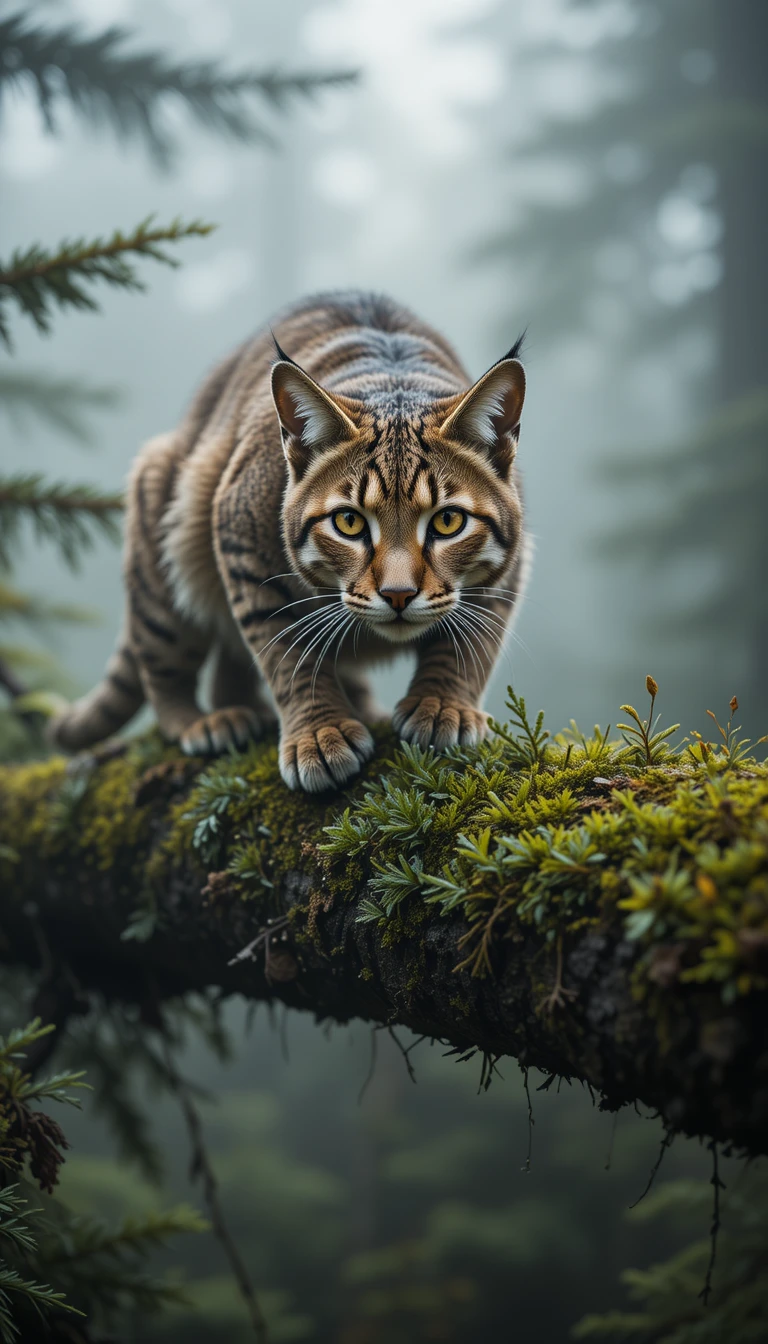 Lince-americano em galho coberto de musgo em floresta enevoada