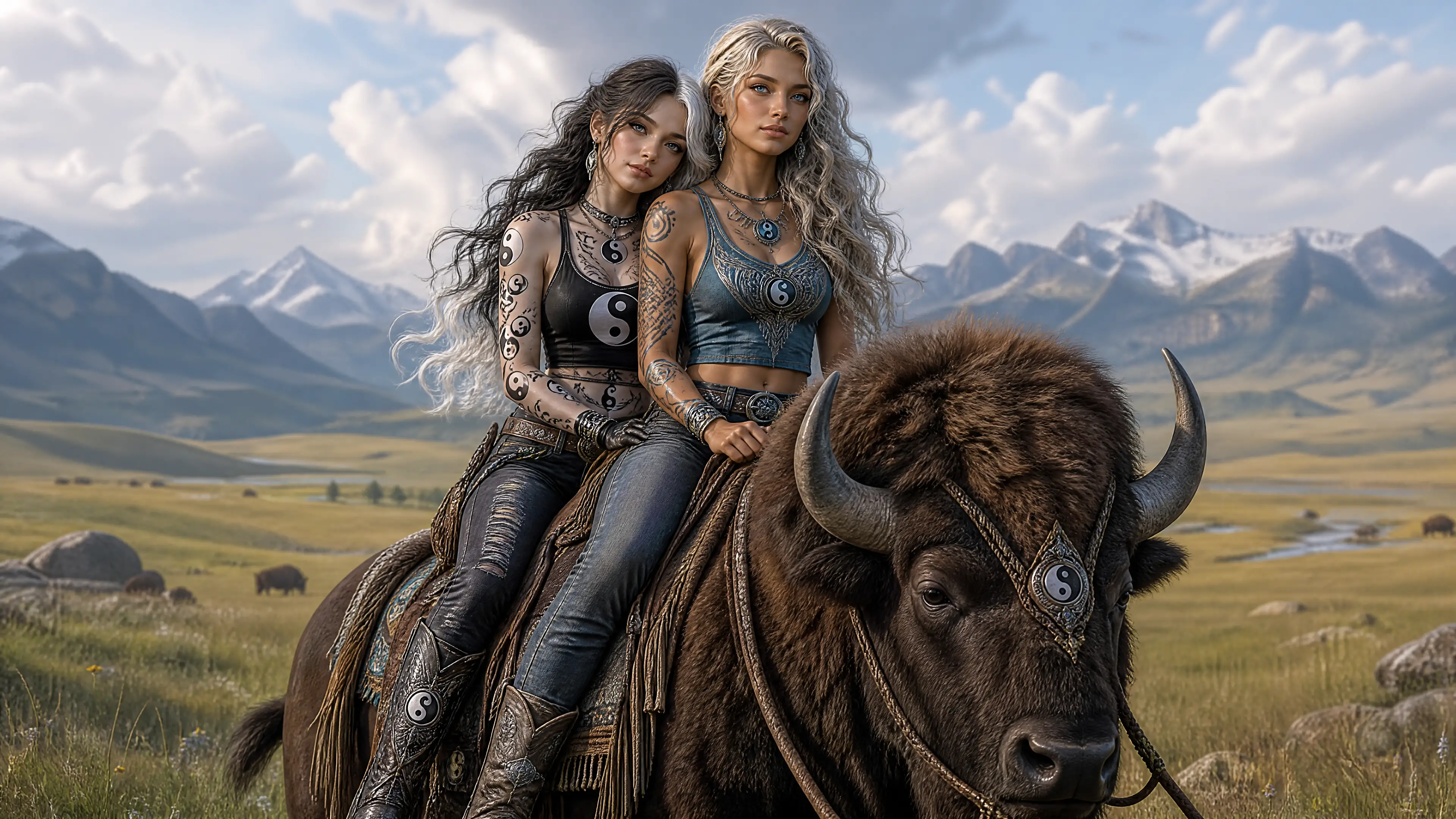 Two fantasy women riding a bison across grassland