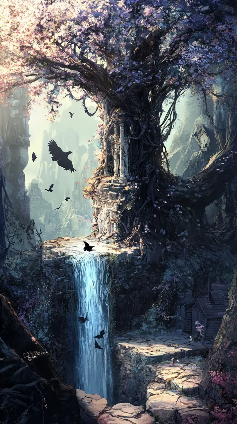 Dead tree in a deep canyon with a small stone shrine