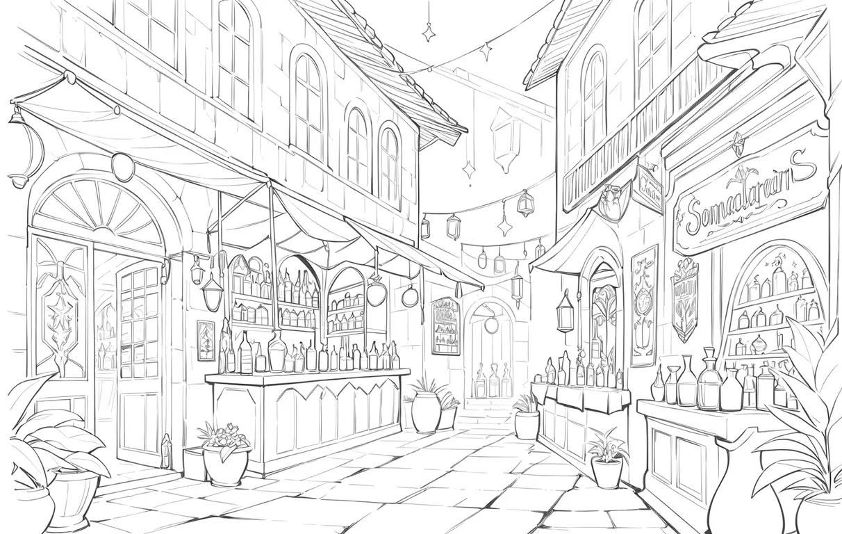 Alte Alchemiewerkstatt auf einem Fantasy‑Marktplatz in der Dämmerung