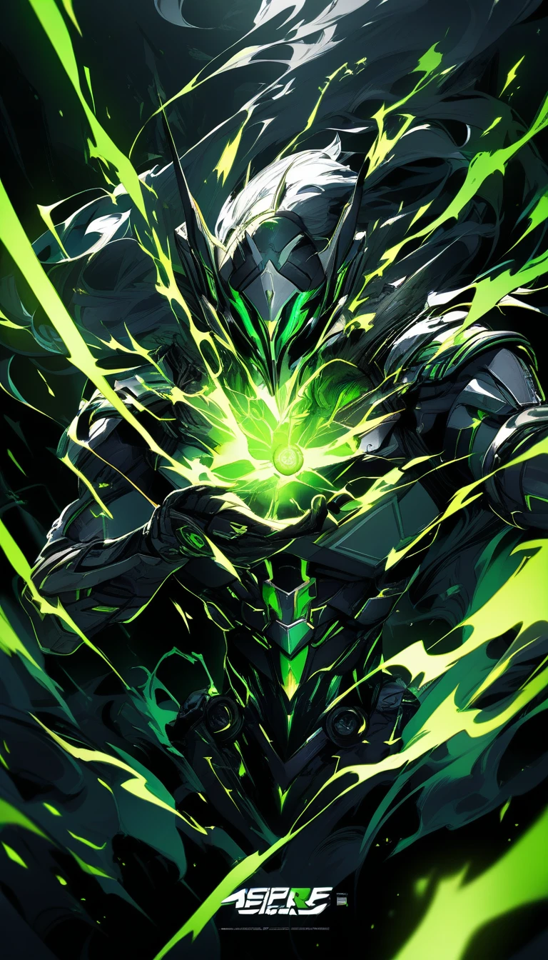 Logo de guerreiro de anime com aura de energia verde neon