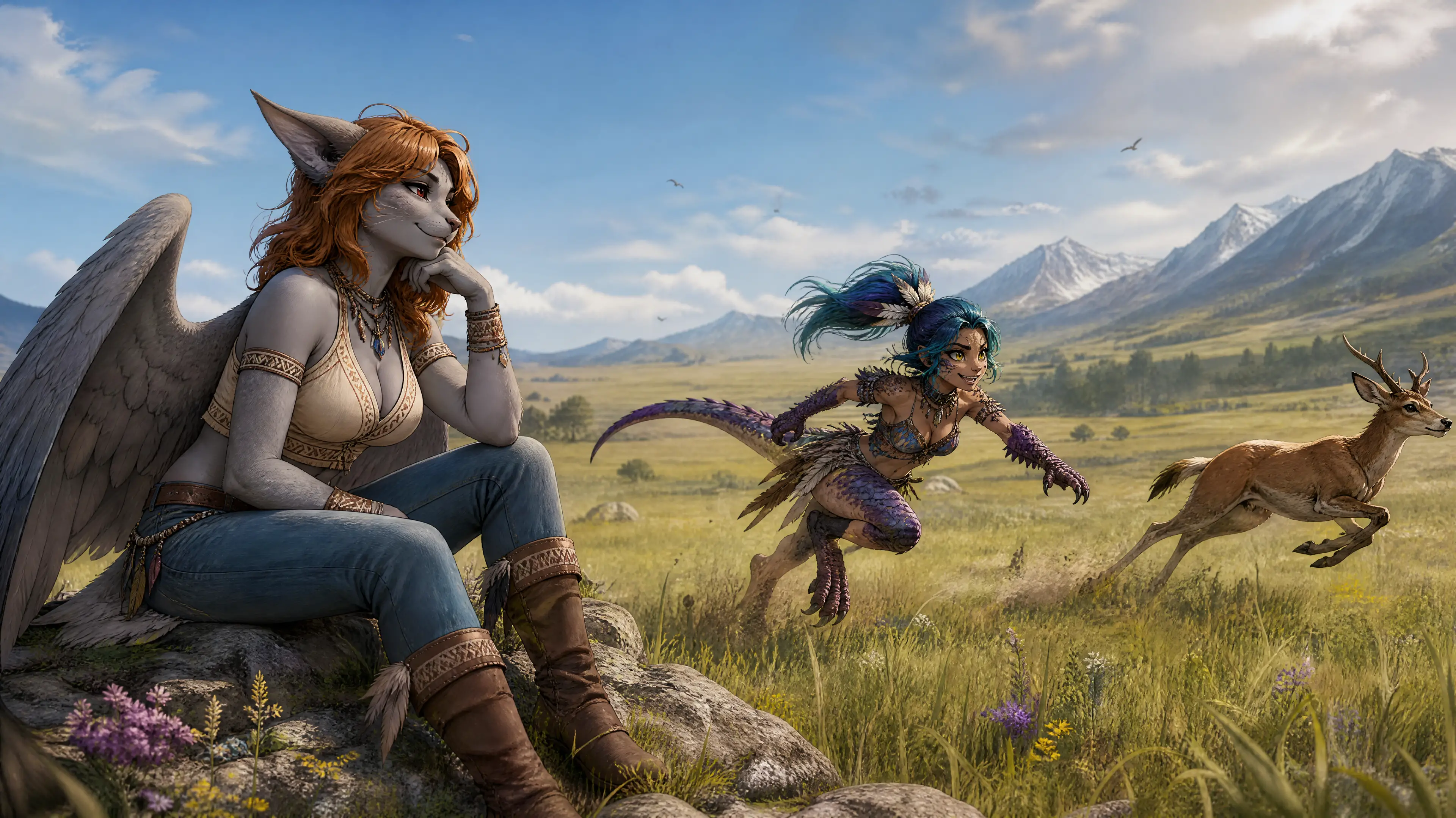 Winged sphinx woman watching her playful hunter wife