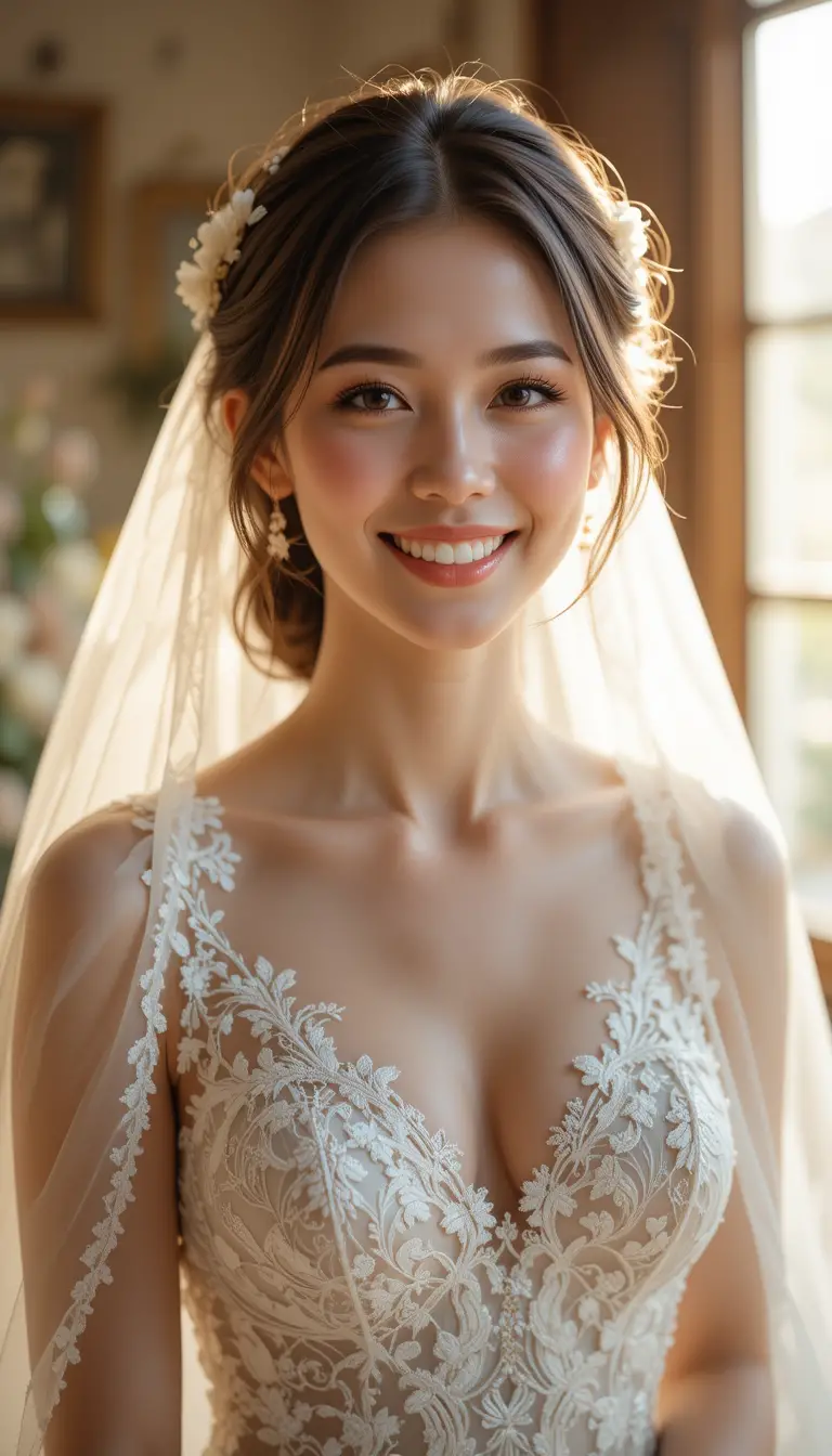 Joyful bride in a close up wedding day portrait