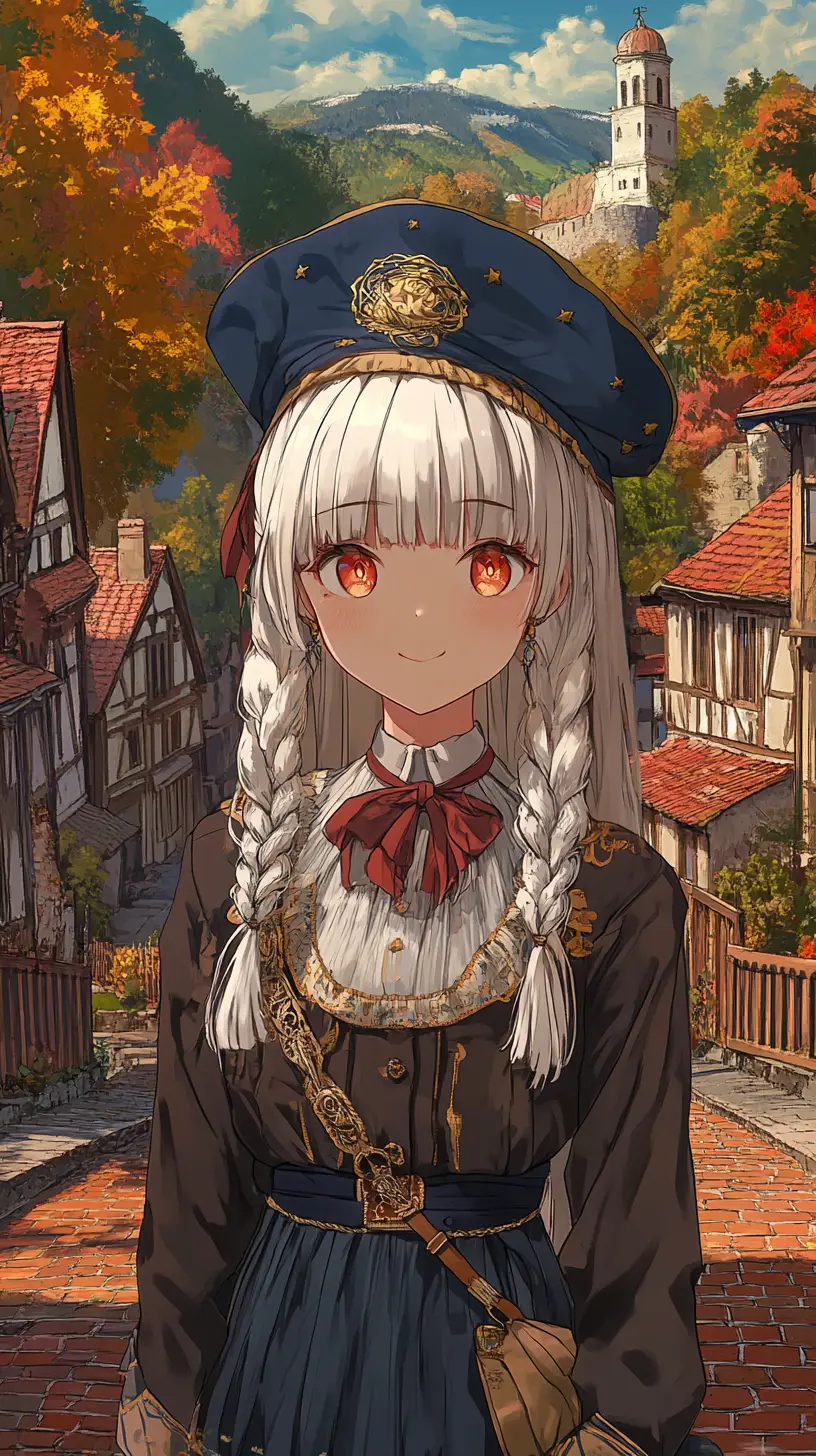 Anime girl on red brick street in Eastern European village