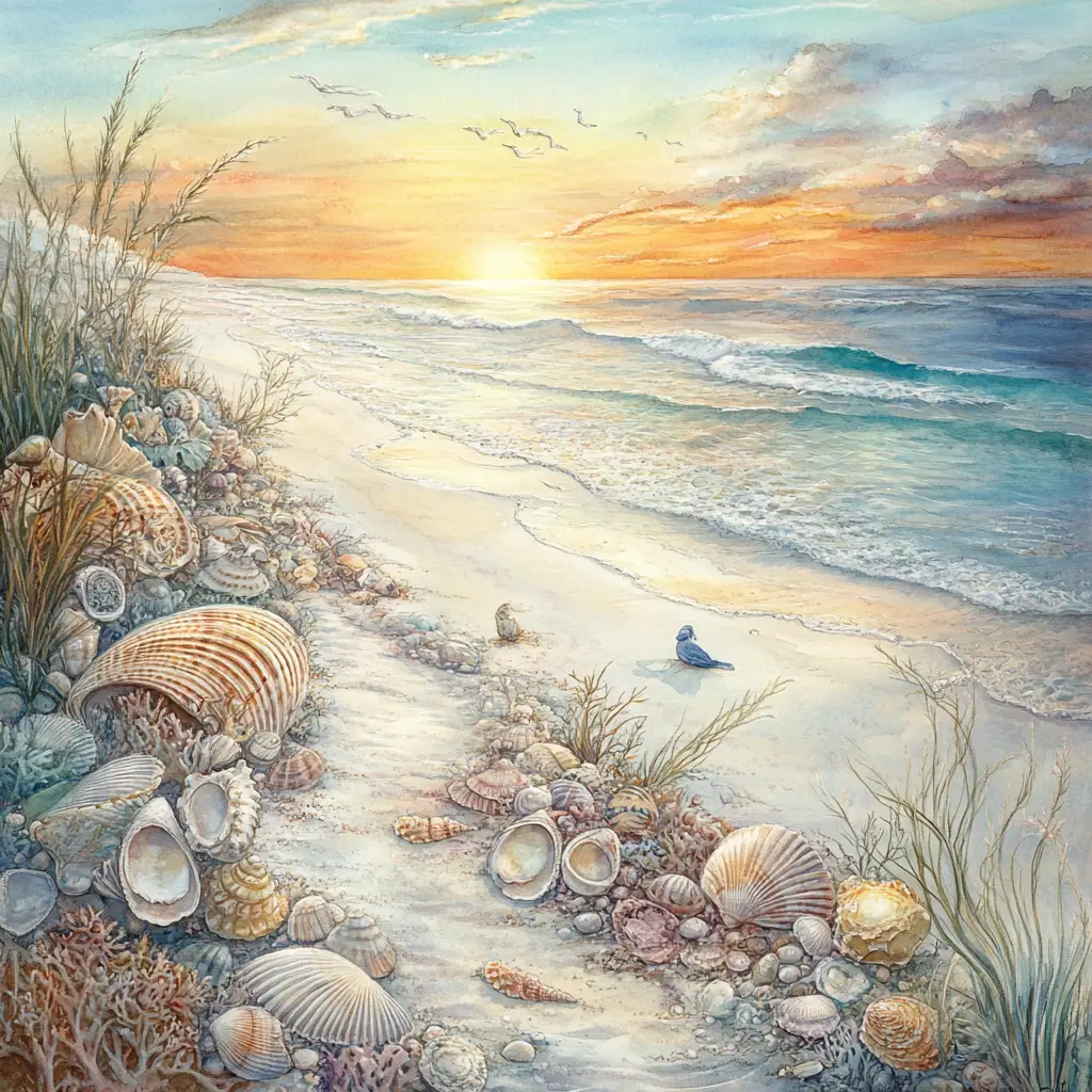 Sognante Rifugio di Conchiglie sulla Spiaggia al Tramonto sull’Oceano