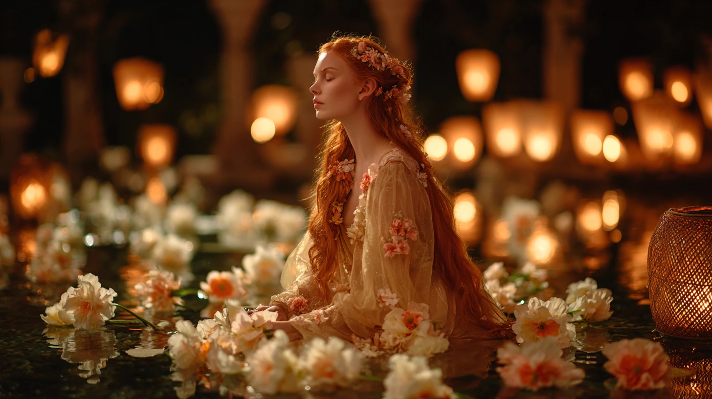 Mulher ruiva na água com flores brancas flutuando
