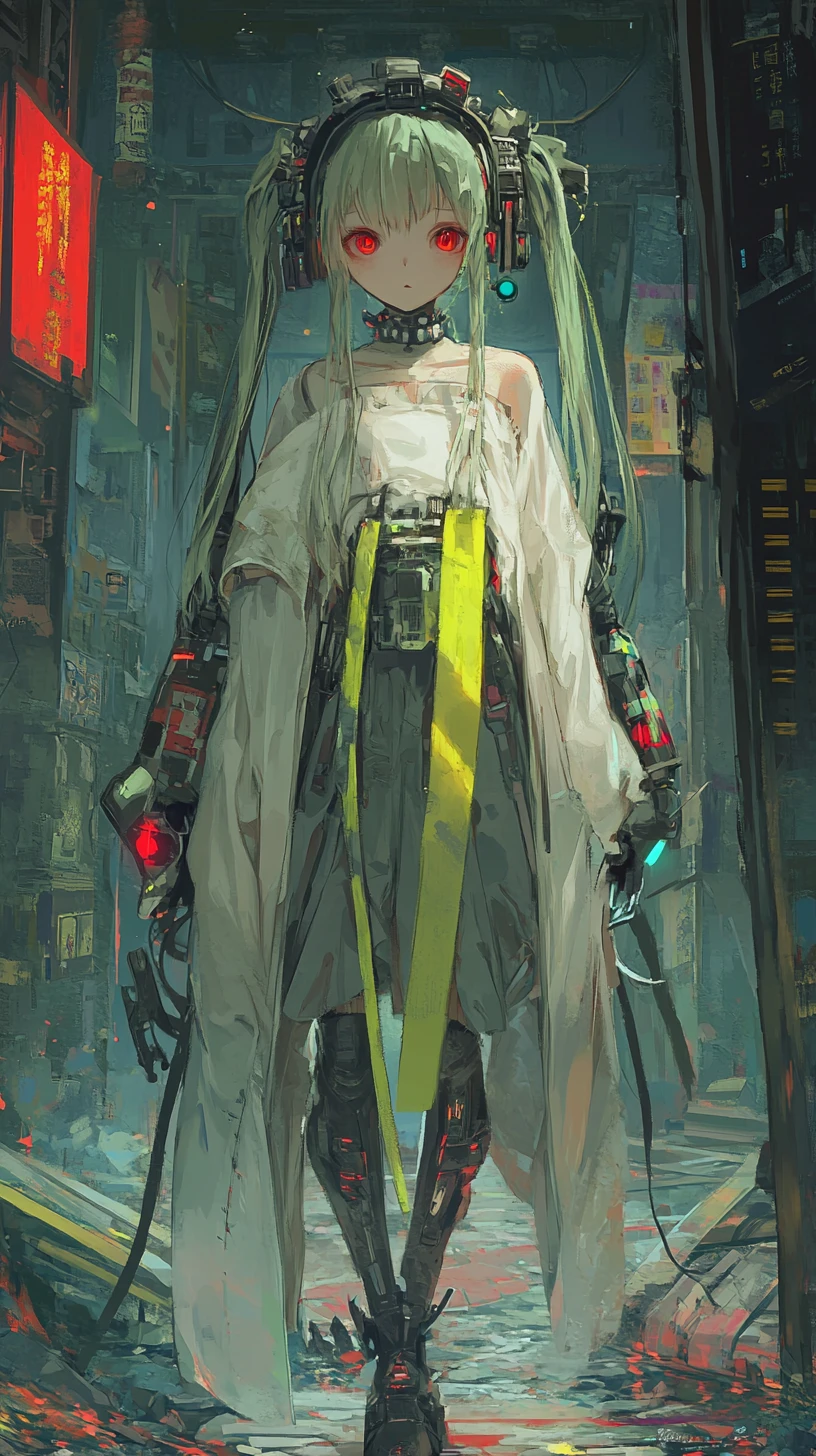 Garota de anime com roupa neon futurista e cabelo trançado