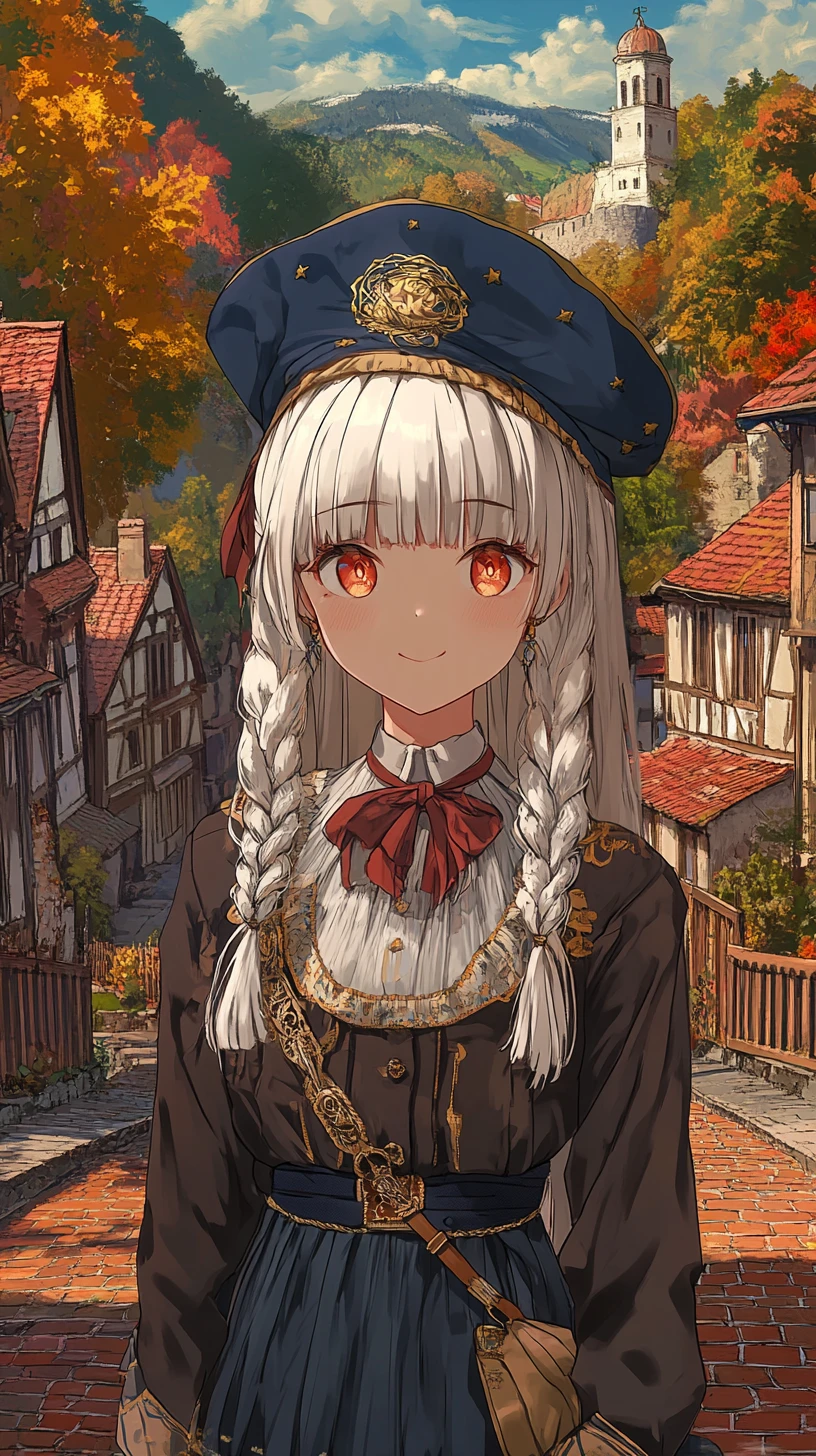 Chica de anime en calle de ladrillos rojos en un pueblo de Europa del Este