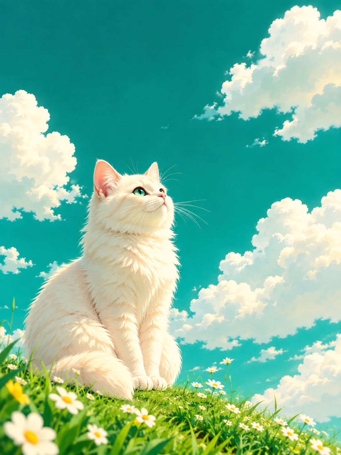 Gato creme suave olhando para as nuvens em um céu em tons pastéis