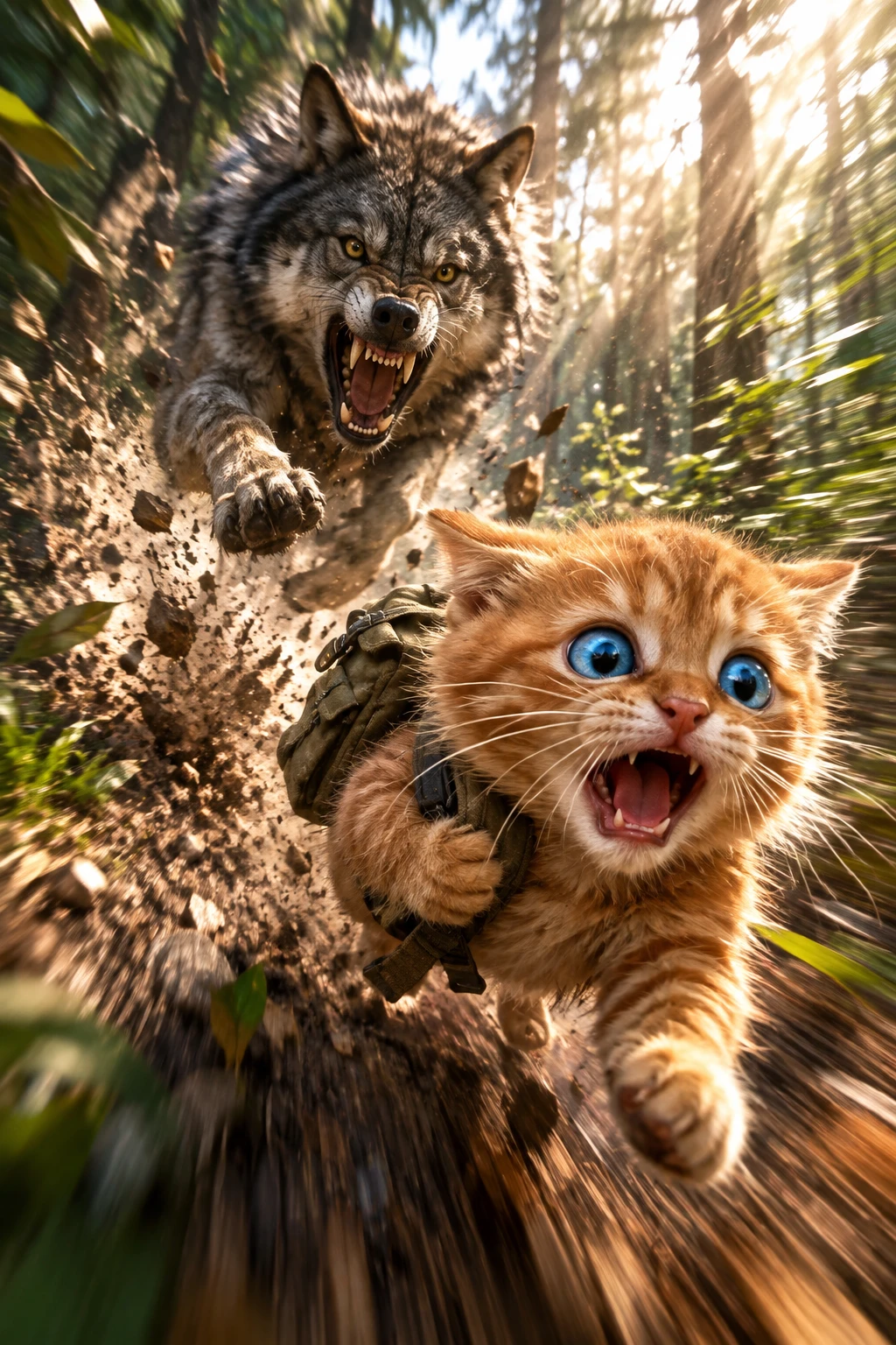 Minúsculo gatinho 3D laranja correndo por uma trilha na floresta